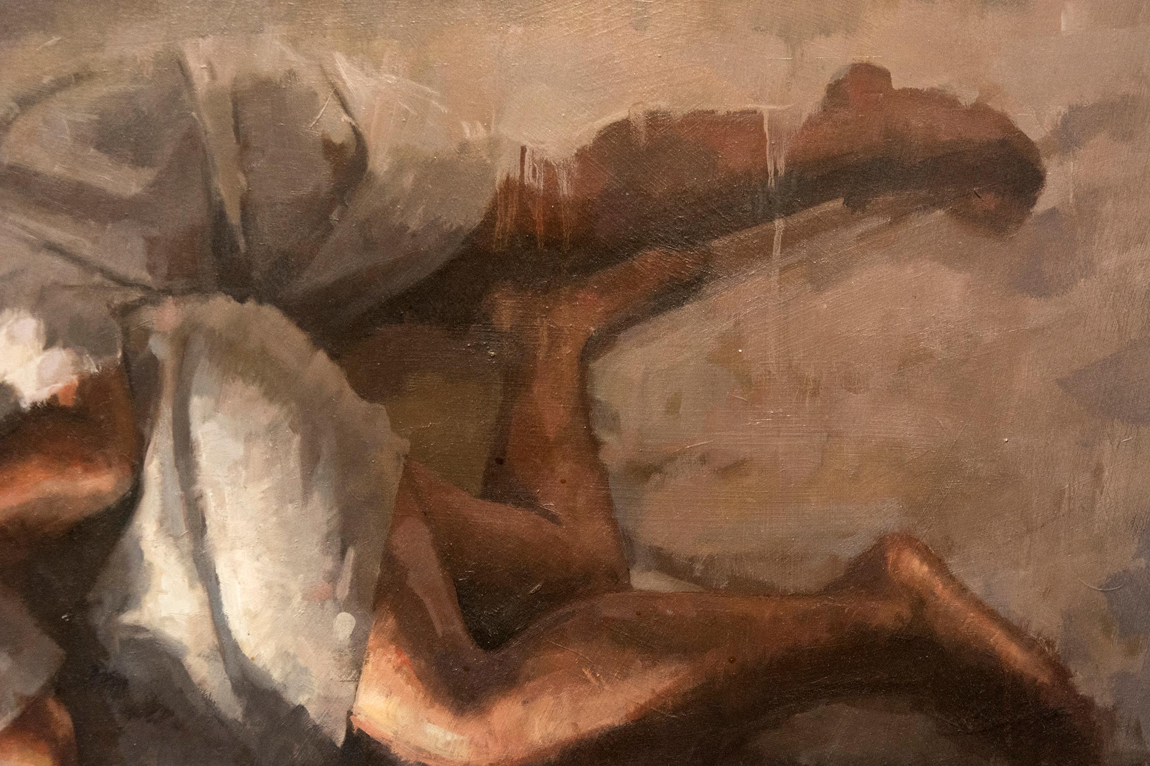 Niñas durmiendo - contemporáneo, figurativo, retrato, acrílico, óleo sobre tabla en venta 1