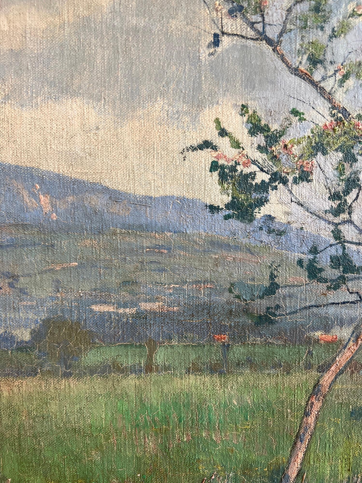 Paesaggio con frutteto in piena fioritura - Figurative Painting Grigio di Daniel Ihly