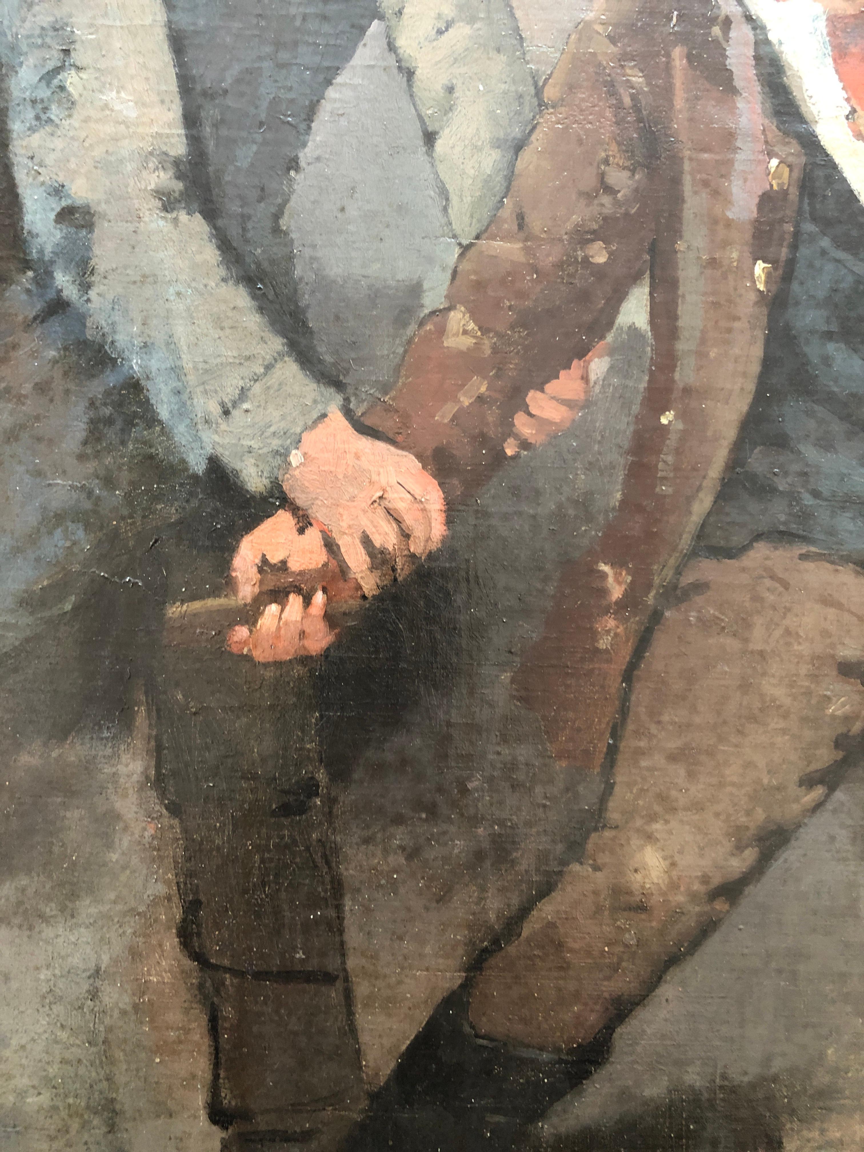Cette œuvre captivante dépeint une scène dramatique et tendue d'interaction humaine. Dans un intérieur sombre, trois hommes semblent retenir un quatrième individu, dont l'expression trahit la souffrance et la résistance. Les couleurs sont