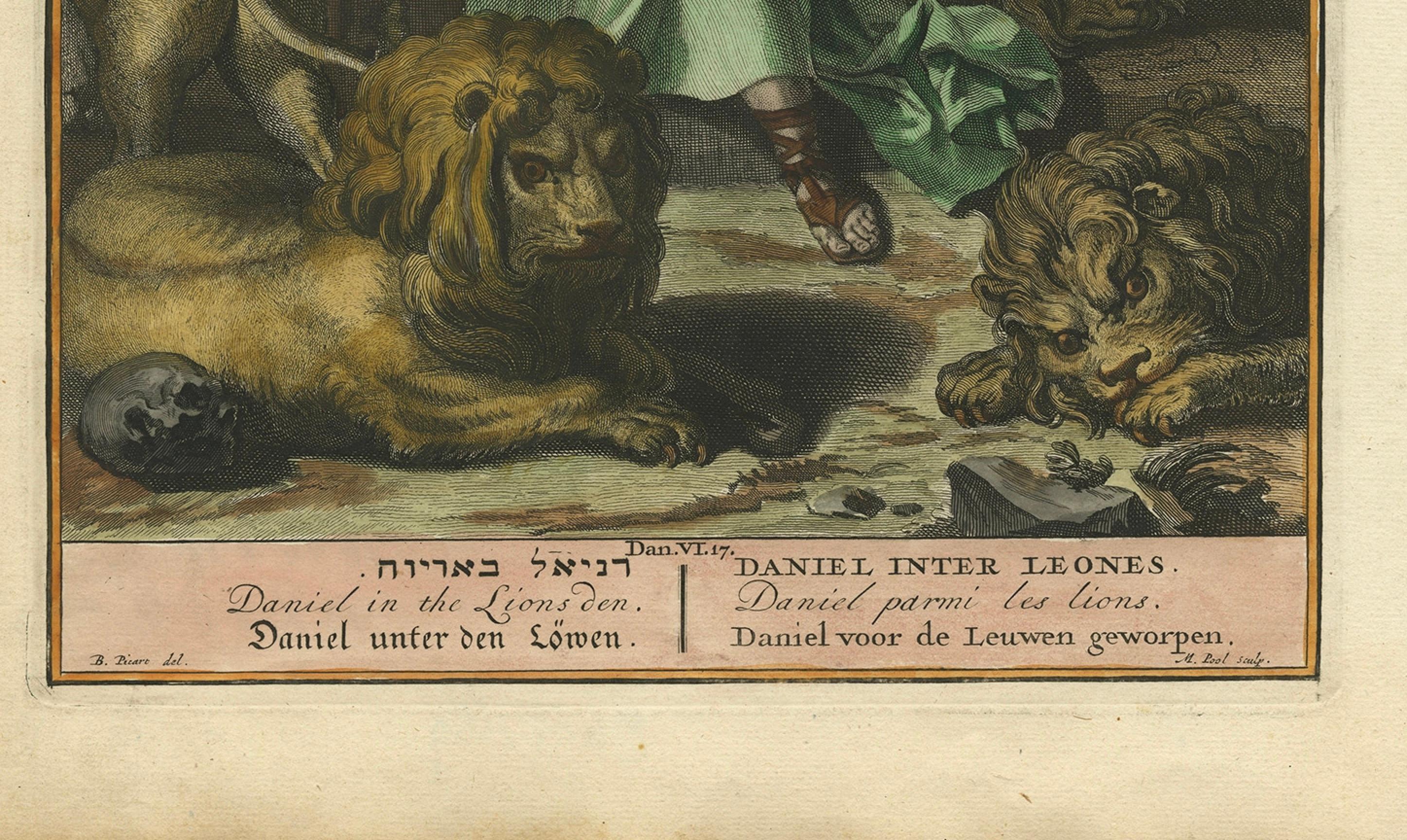 Daniel in the Lions’ Den – Antique Hand-Coloured Engraving after Picart, 1727–1738

This powerful hand-coloured engraving depicts the biblical story of Daniel in the lions’ den, as described in Daniel VI:17. The scene shows Daniel clothed in a green
