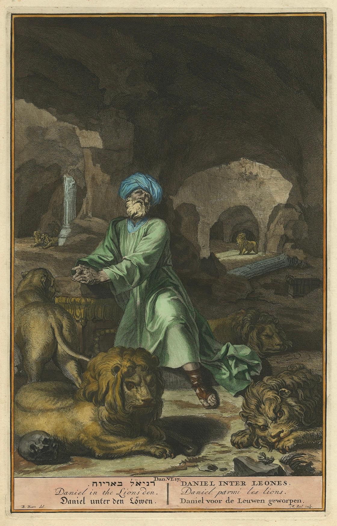 Daniel in the Lions’ Den – Rare 18th Century Religious Hand-Coloured Print For Sale 3