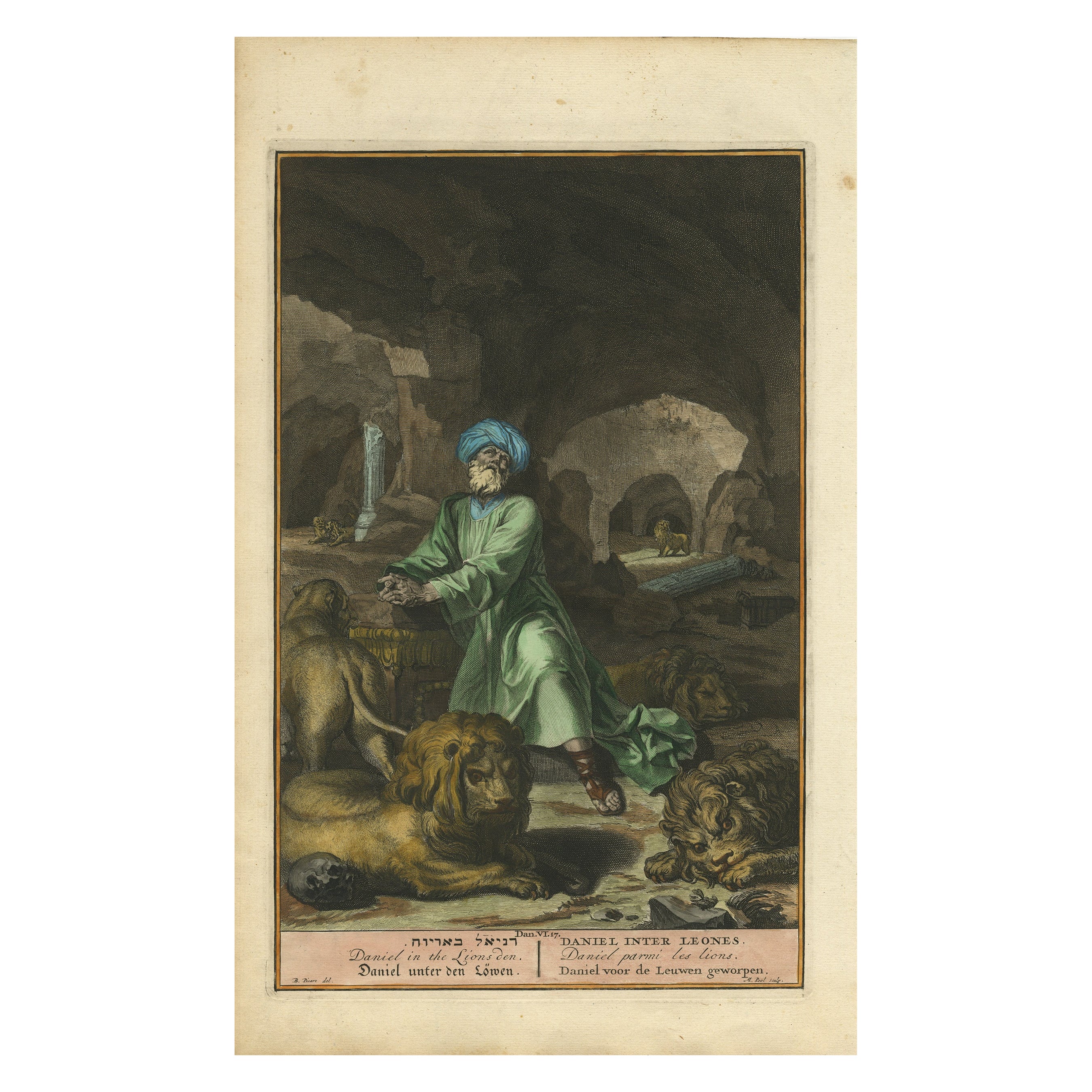 Daniel in der Höhle des Löwen - Seltener religiöser handkolorierter Druck aus dem 18. im Angebot