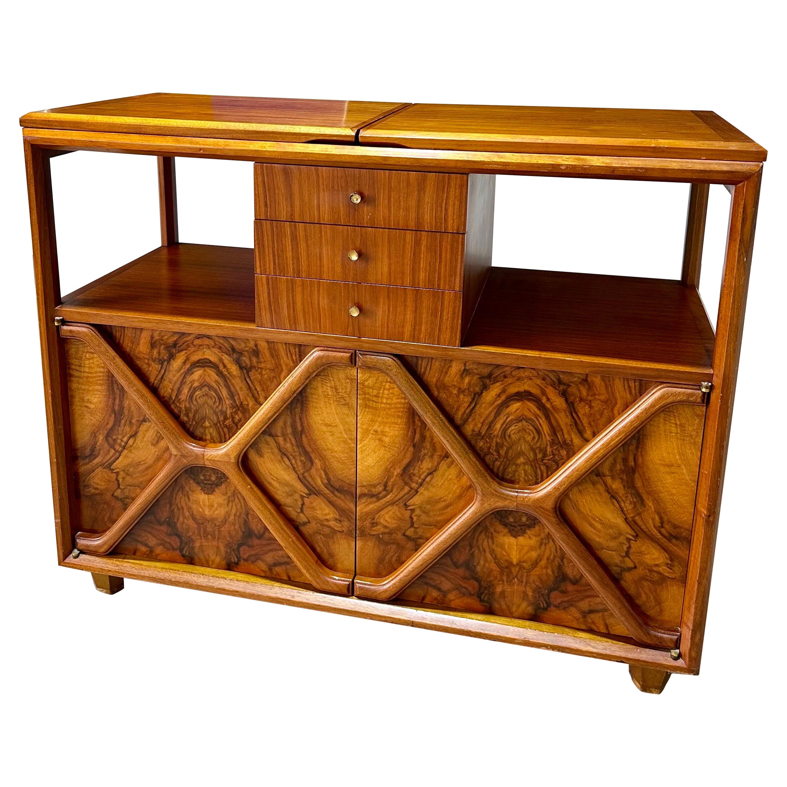 Daniel Jones Nyc Attrib. Mid Century Modern Burlwood Flip Top Server