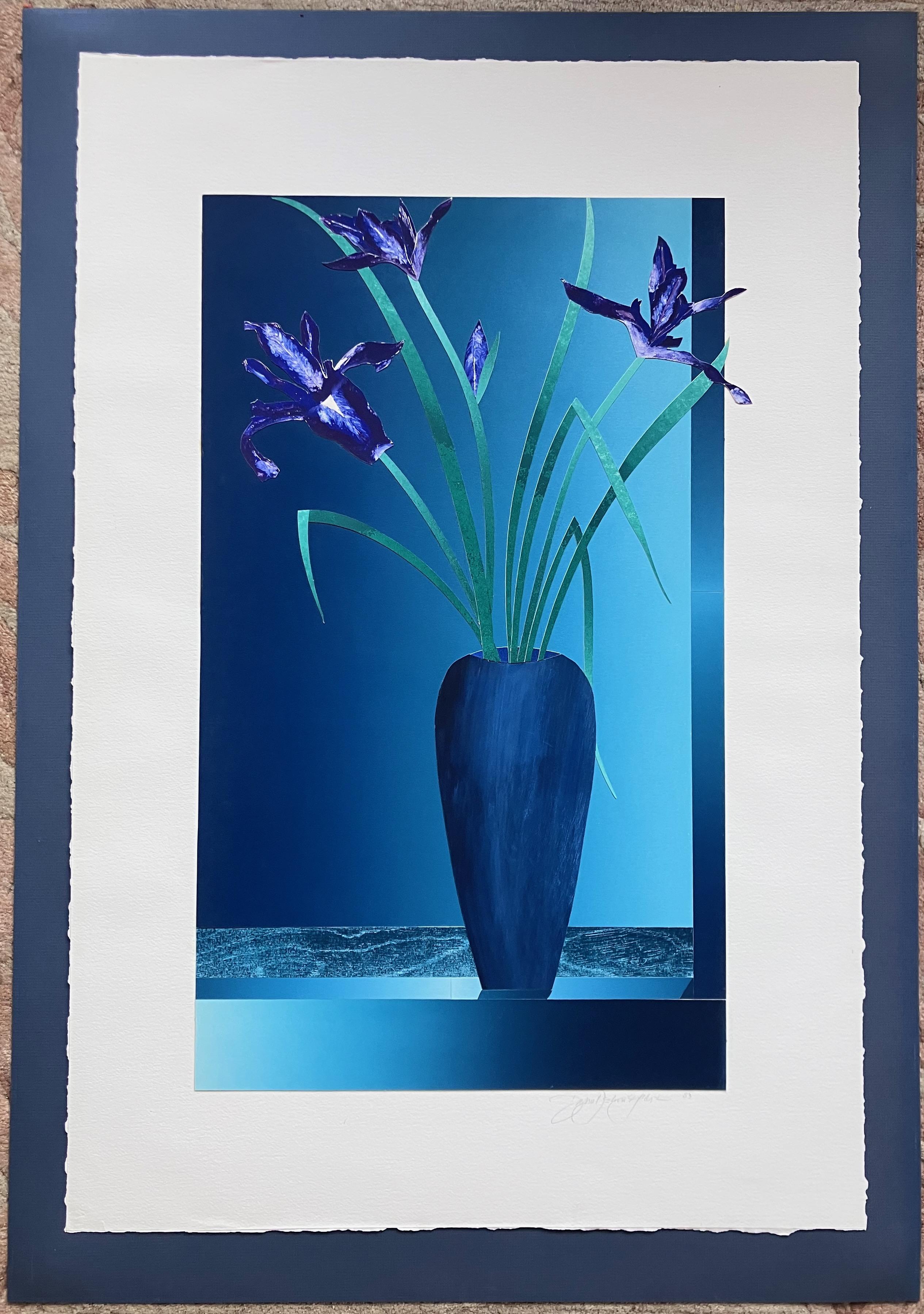Artist: Daniel Joshua Goldstein – American (1950 -)
Title: Still Life - Irises in Vase 
Year: Circa 1983
Medium: Mixed media with collage
Image Size: 27.75 x 17.25 inches
Sheet Size: 36.25 x 24.5 inches
Framed Size: 40.25 x 28.25 inches
Signature: