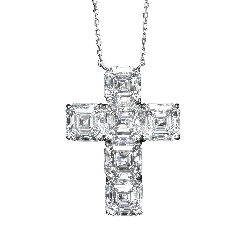 This platinum cross is designed with six evenly matched Asscher Cut Diamonds. Each one of the Diamonds is in a four prong setting. Each diamond has it's own GIA certificate. The platinum chain measures 16