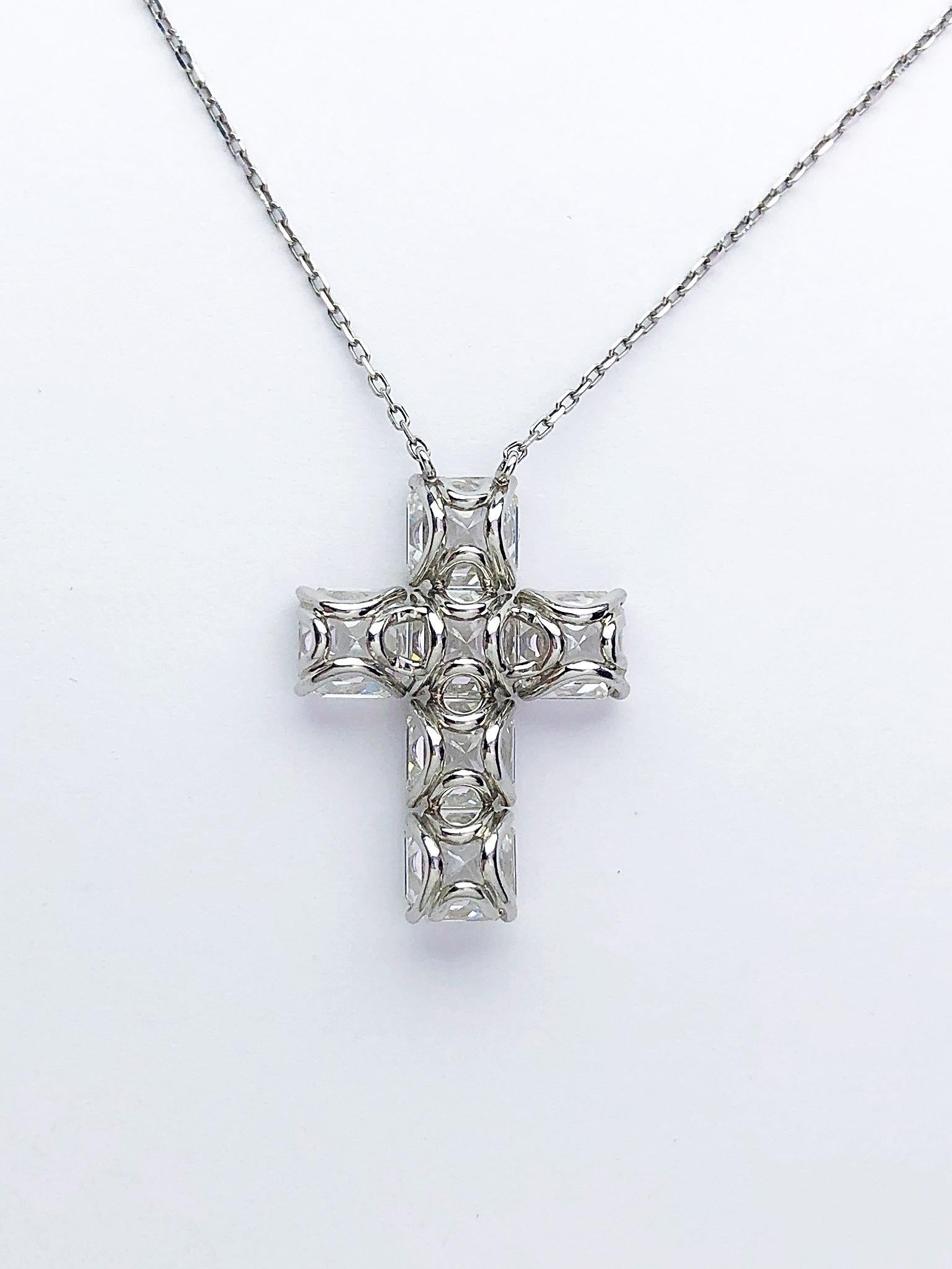 Contemporary Daniel K. Platinum Cross Pendant with 6 GIA Certified 4.38 Asscher Cut Diamonds For Sale
