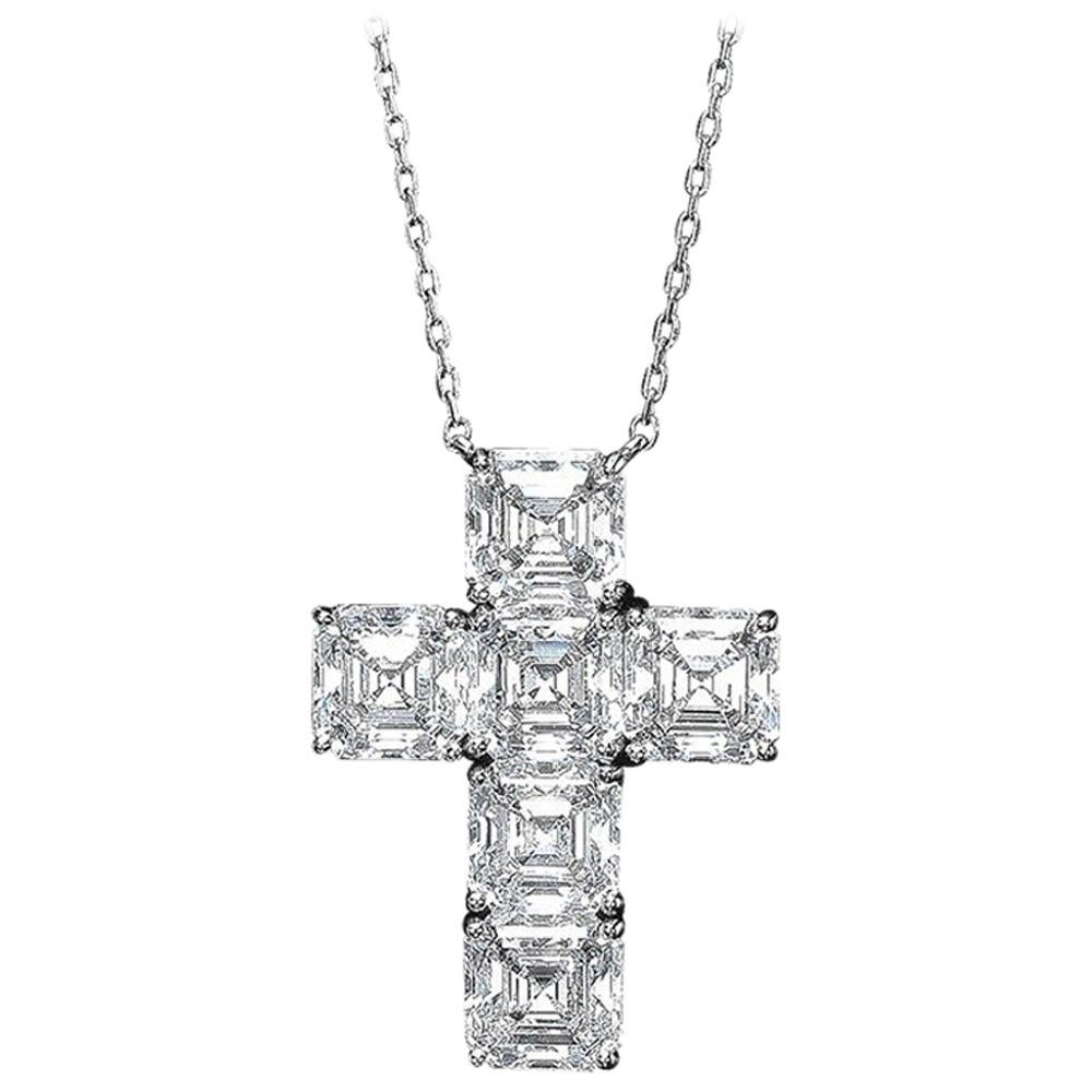 Daniel K. Platinum Cross Pendant with 6 GIA Certified 4.38 Asscher Cut Diamonds For Sale