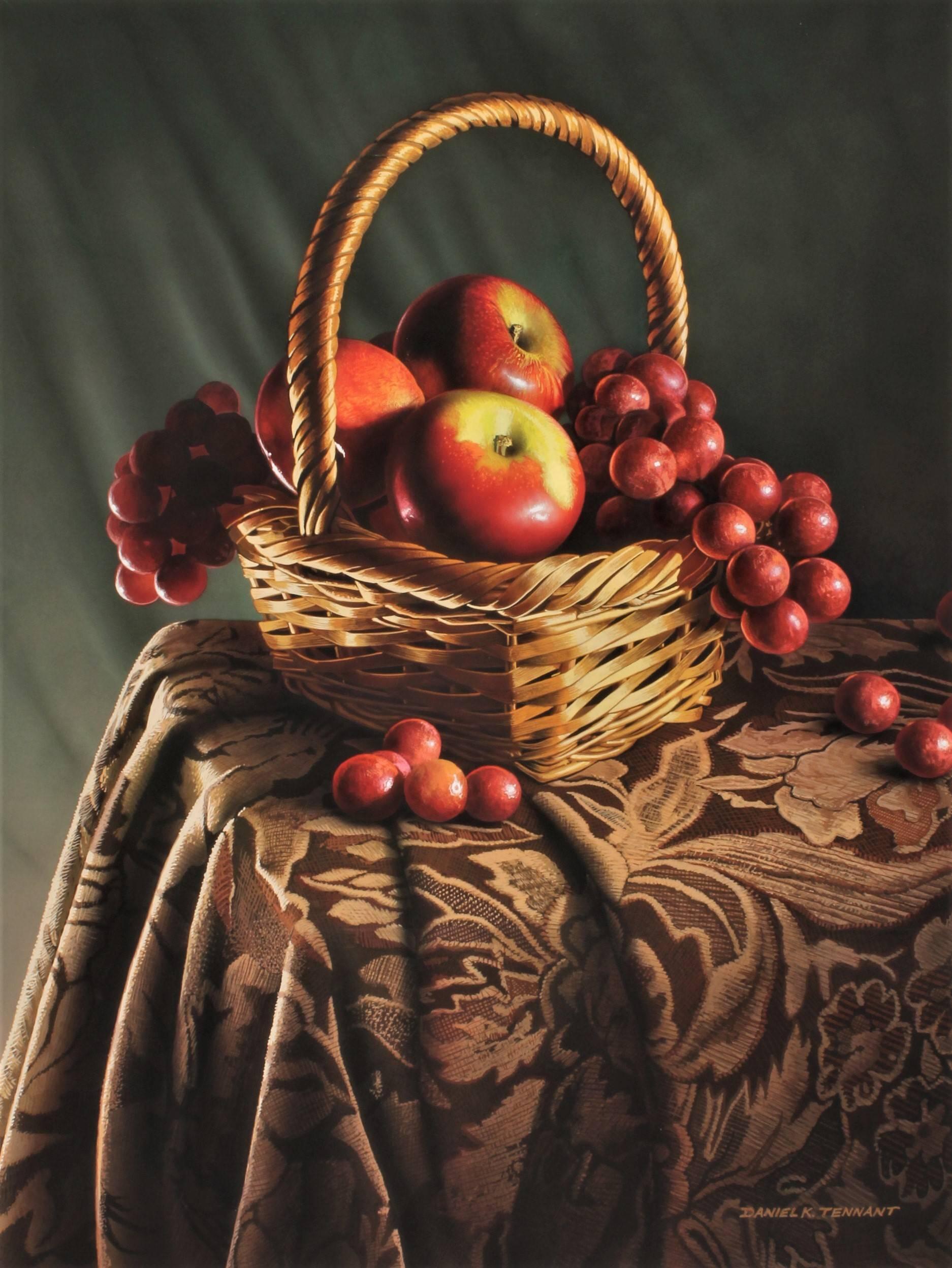 Daniel K. Tennant. Still-Life Painting - Photorealist still-life with red and brown, "Fruits of Autumn", gouache on board
