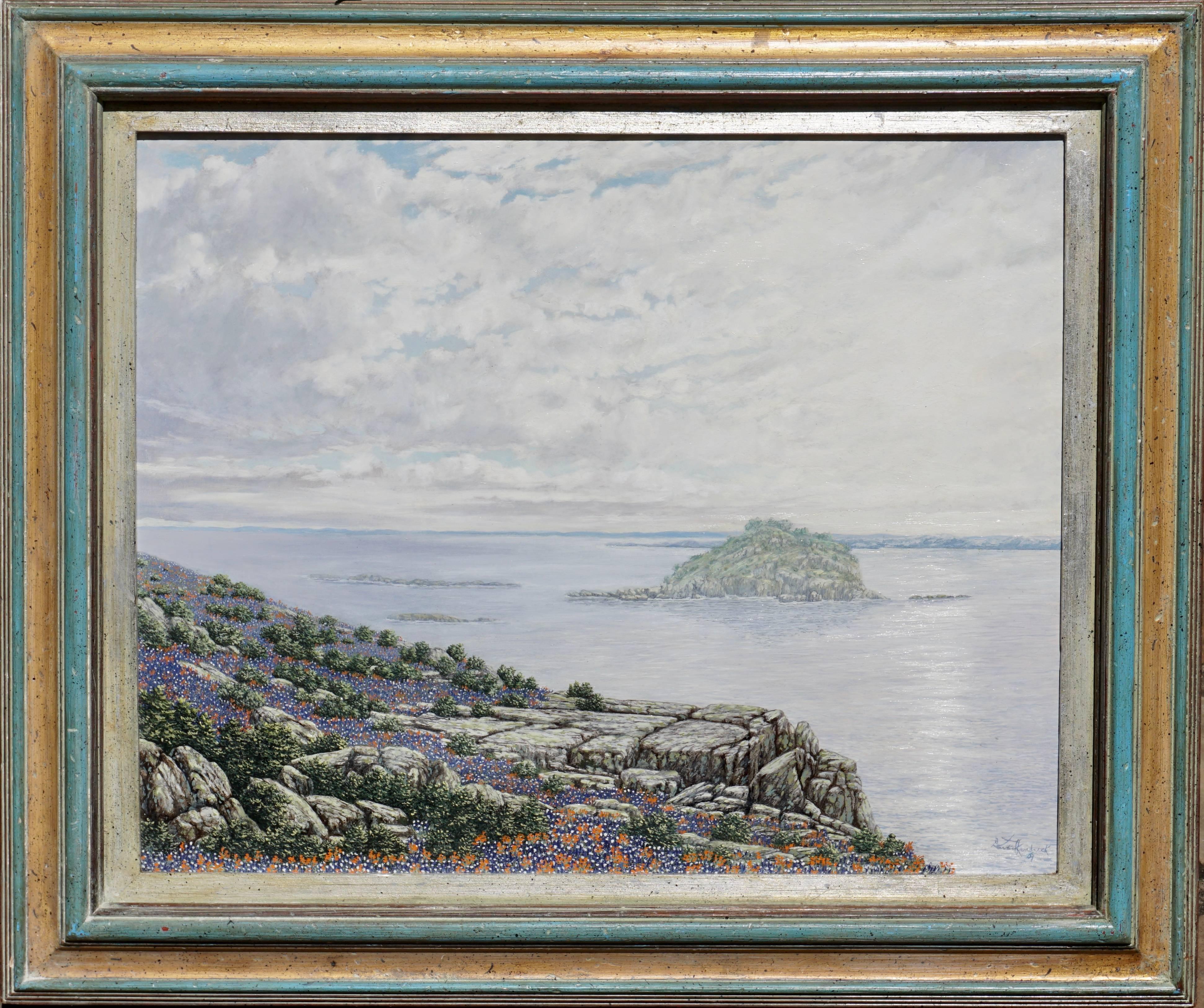 Daniel Kendrick Texas “Bluffs On Lake Texoma” 1969 oil painting. One of Texas’s most prolific landscape artists; Daniel shows his genius on this vintage early painting. Oil on panel. You can almost see the bluebonnet pedals and all the ripples and
