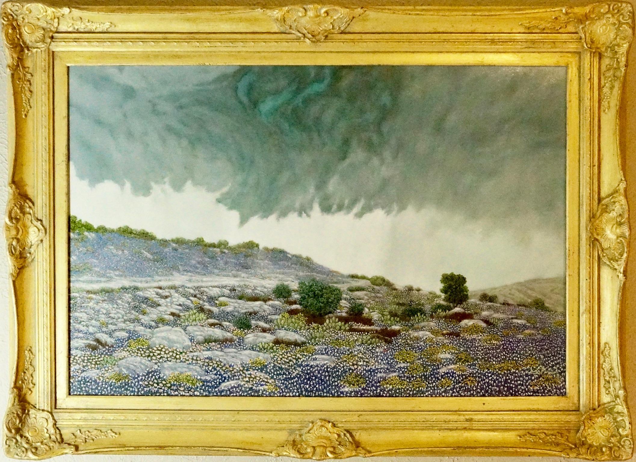 This amazing oil painting portrays a rain wrapped storm breaking out over a blue bonnet climax in the Texas hill country. The shaded landscape is rendered perfectly to accentuate the effect and atmosphere of the impending storm. The fine detail and