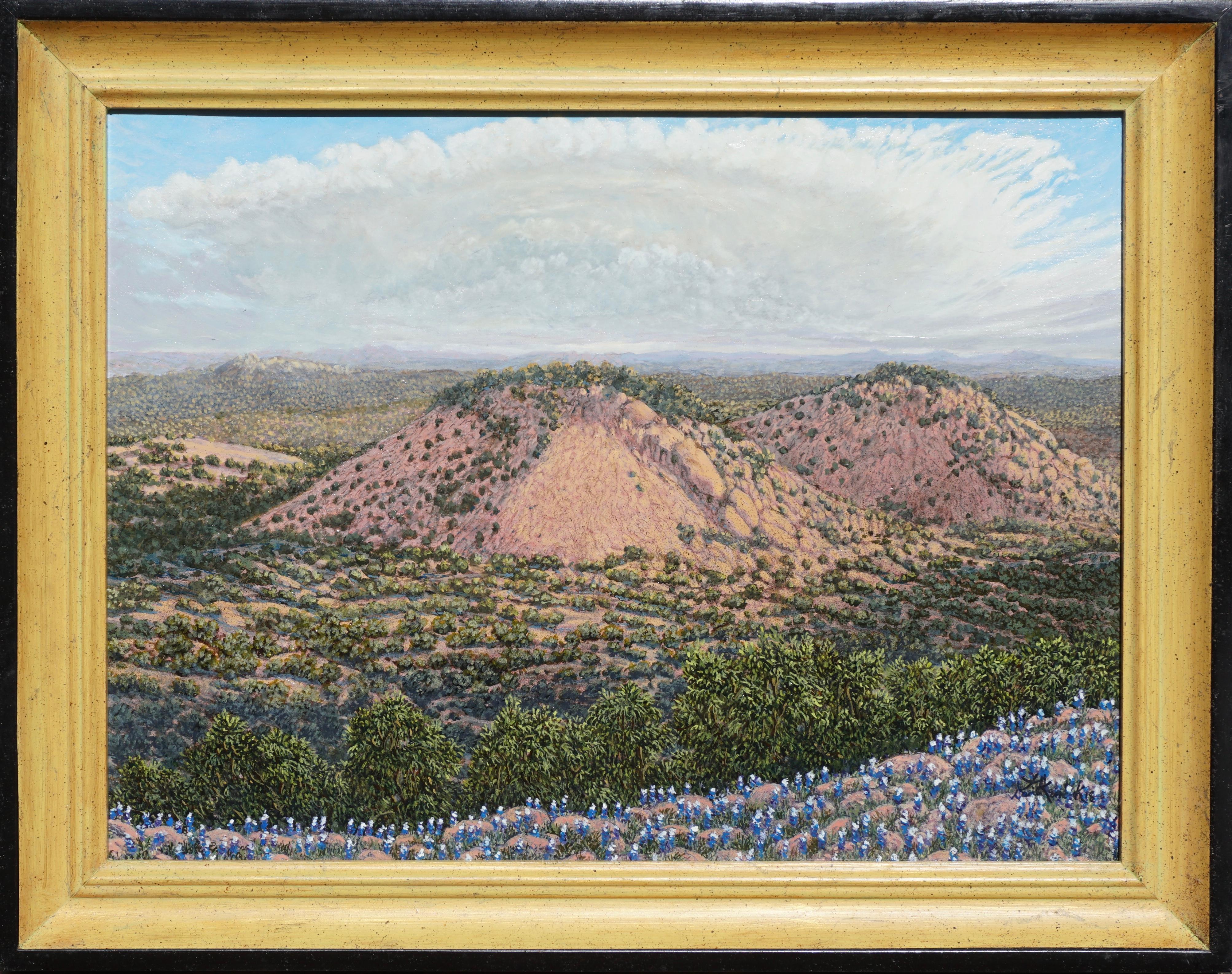 Daniel Kendrick Texas “Turkey’s Peak” Near Austin TX. 2018 oil painting. One of Texas’s most prolific landscape artists; Daniel shows his genius on his latest painting. Oil on canvas. You can almost see the bluebonnet pedals and all the leaves on
