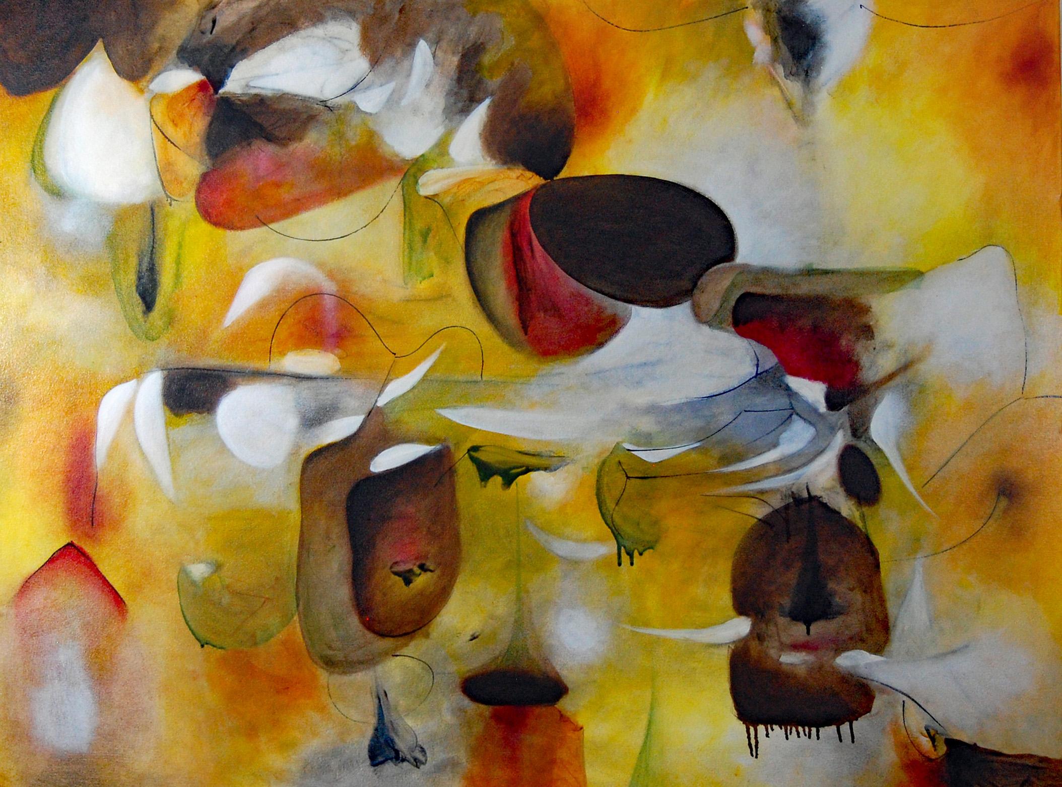 Midsummer Symphony unfolds as a vibrant orchestration of color, movement, and layered sensation. Warm yellows and glowing golds dominate the surface, creating a sunlit atmosphere that feels both expansive and immersive. These radiant fields are