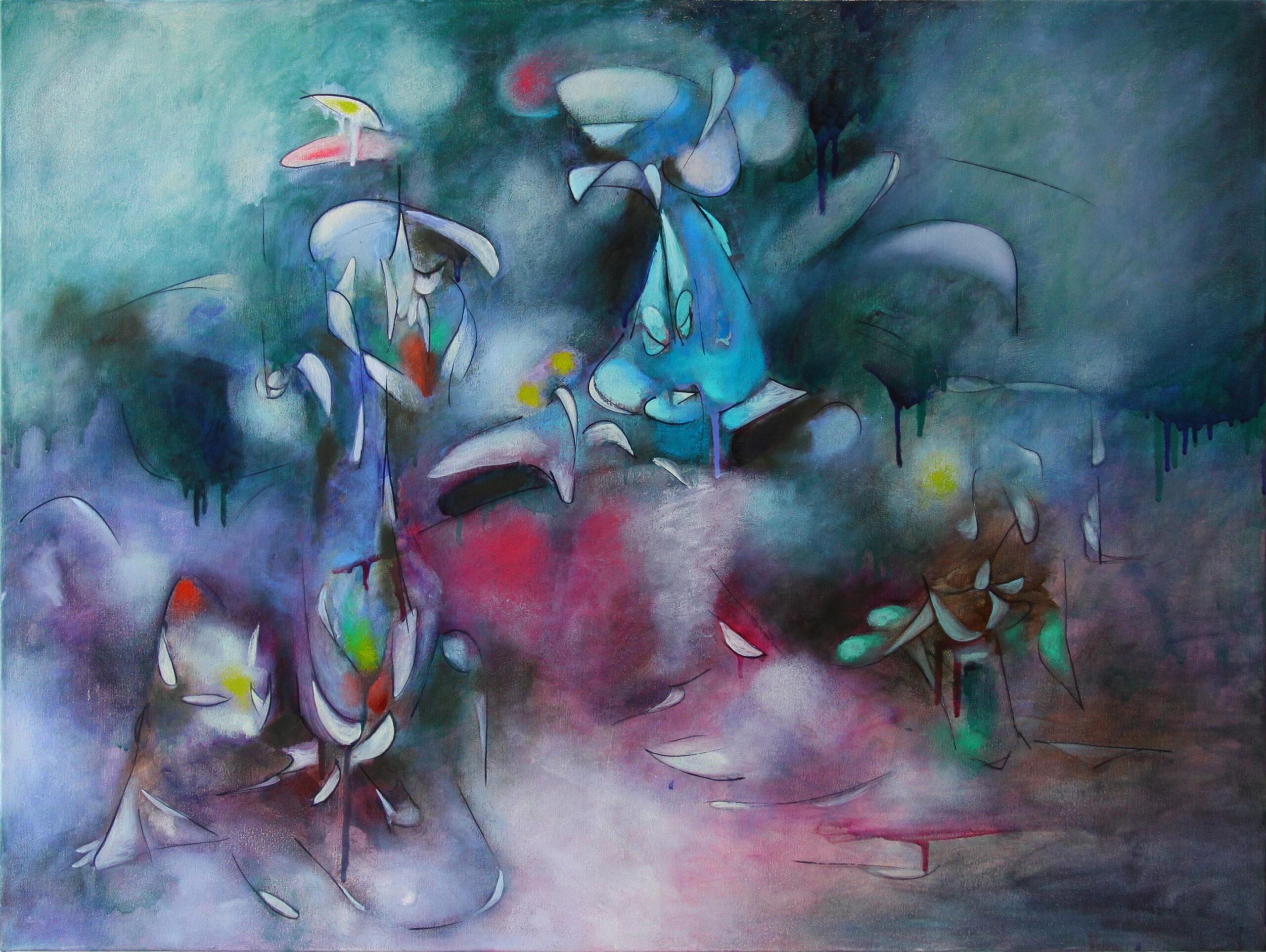 Daniel Ketelhut Abstract Painting - An Abstract Oil on Canvas Painting, "The Dormouse Visits the Hookah Lounge"