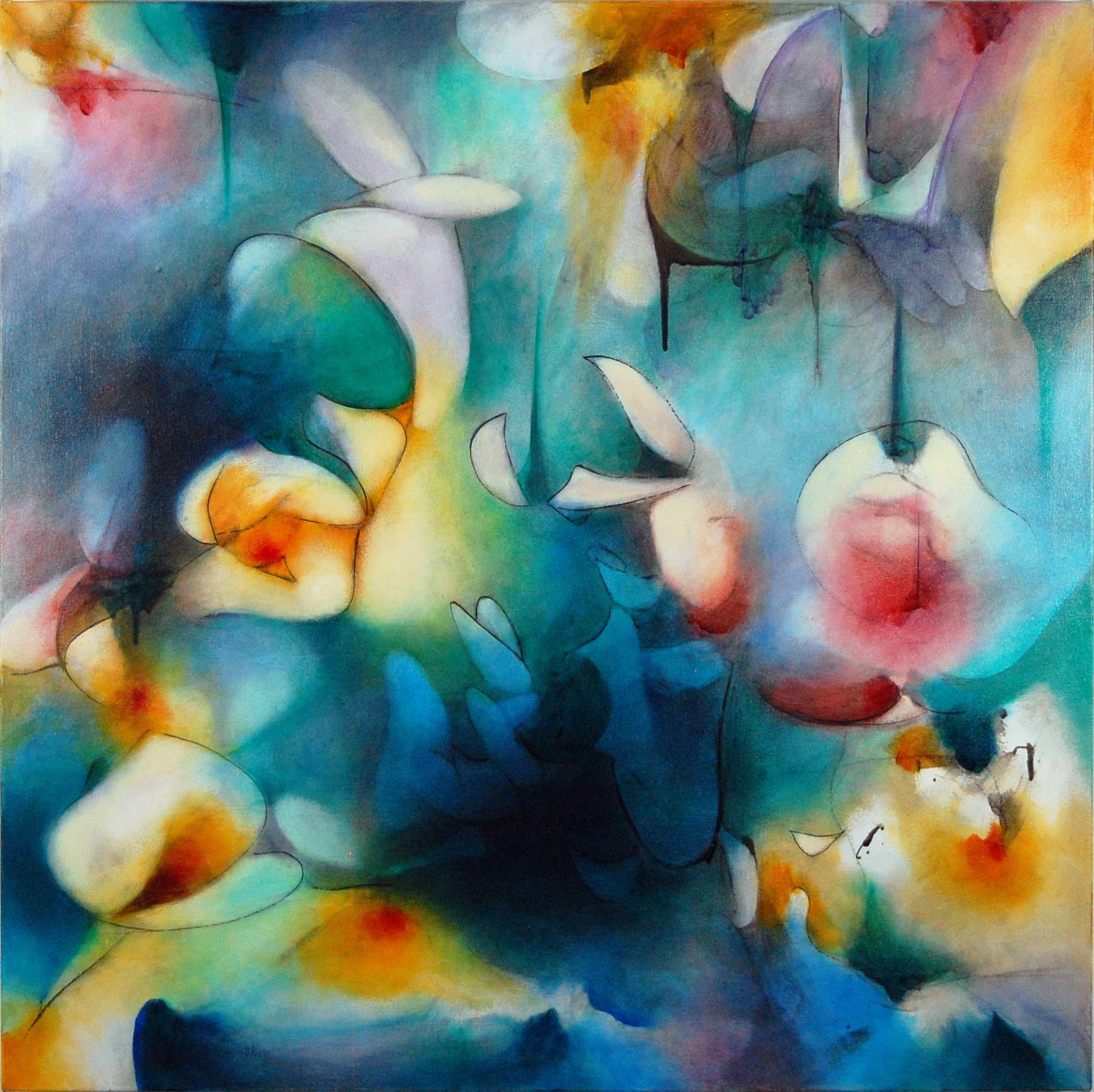 "Flowers of the Abyss" by Daniel Kettelhut is a luminous abstract painting that explores transformation, depth, and emergence. Veils of turquoise, teal, and deep blue create an atmospheric field, animated by warm accents of amber, coral, and rose.