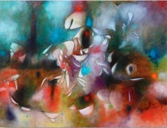 Una pintura abstracta al óleo sobre lienzo, "El dilema del caballero blanco"