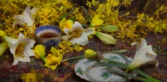 "Forsythia, Lirios y Té" (2024) de Daniel Keys, Pintura floral al óleo original
