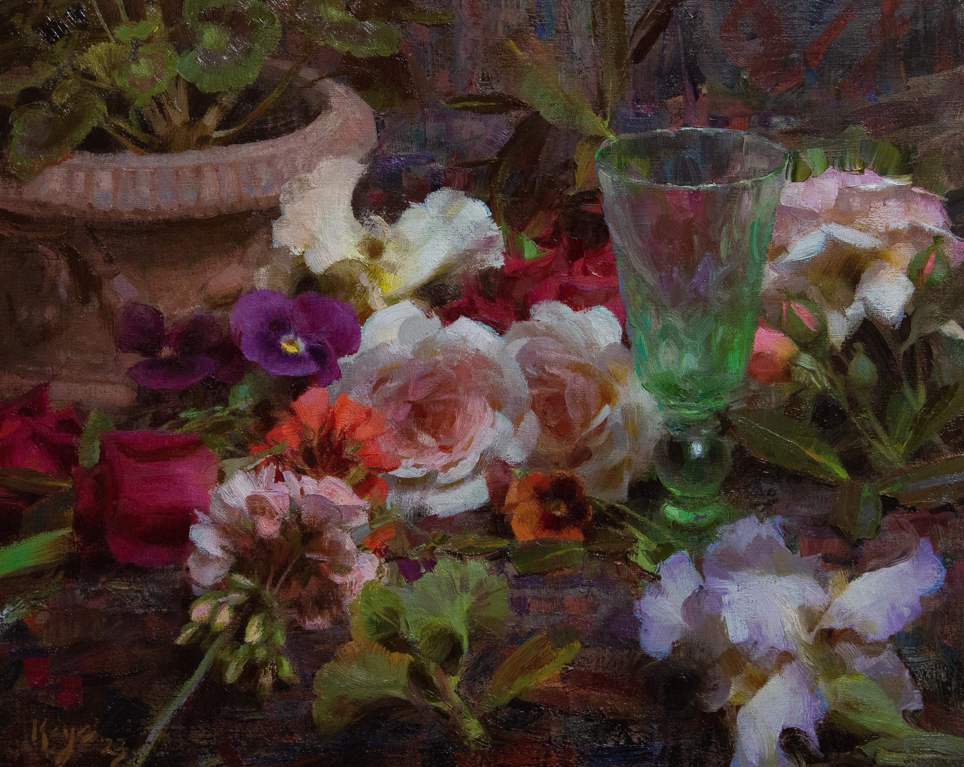 Daniel Keys Still-Life Painting - "Green Glass with Summer Flowers, " Still life Oil Painting
