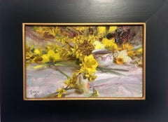 "Narciso e forsizia" - Natura morta floreale impressionista, pittura a olio