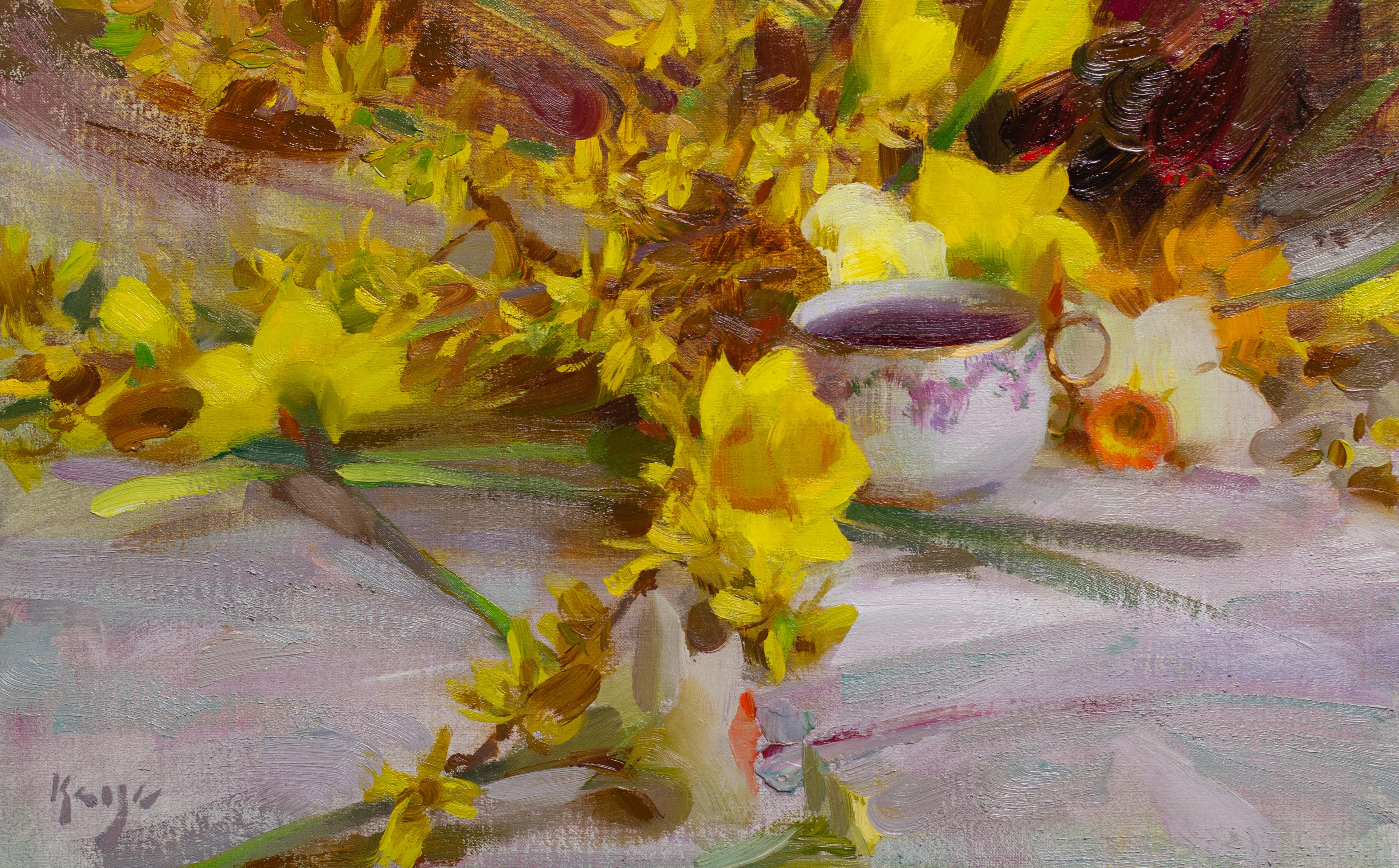 "Narzissen und Forsythientee" - Impressionistisches Blumenstillleben, Ölgemälde