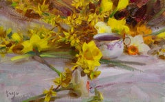 "Narciso e forsizia" - Natura morta floreale impressionista, pittura a olio