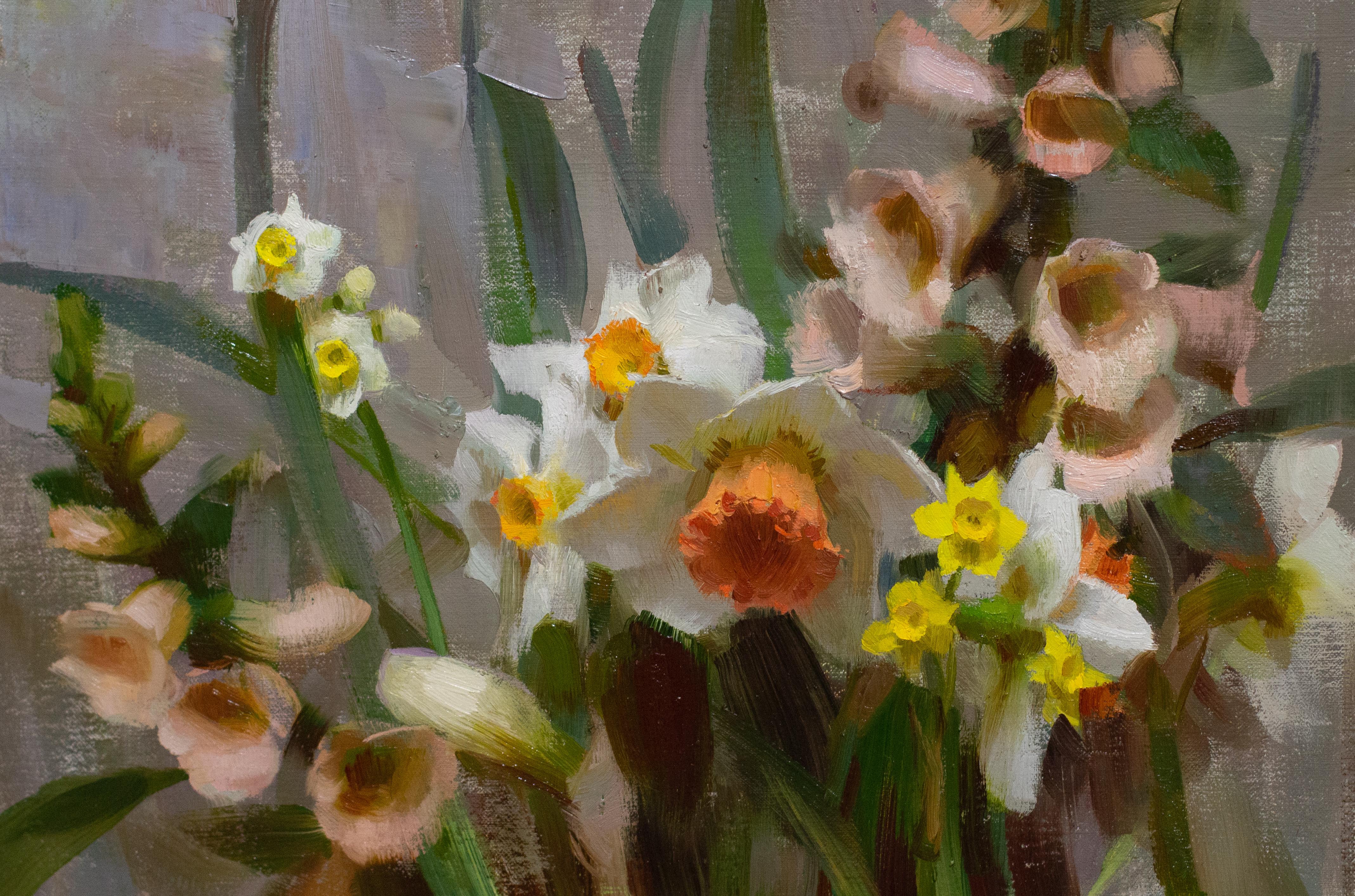 Daniel Keys Still-Life Painting - "Narcissus & Foxgloves, " Oil Painting