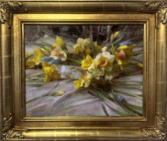 "Narciso alla luce della finestra" - Natura morta floreale impressionista, pittura a olio