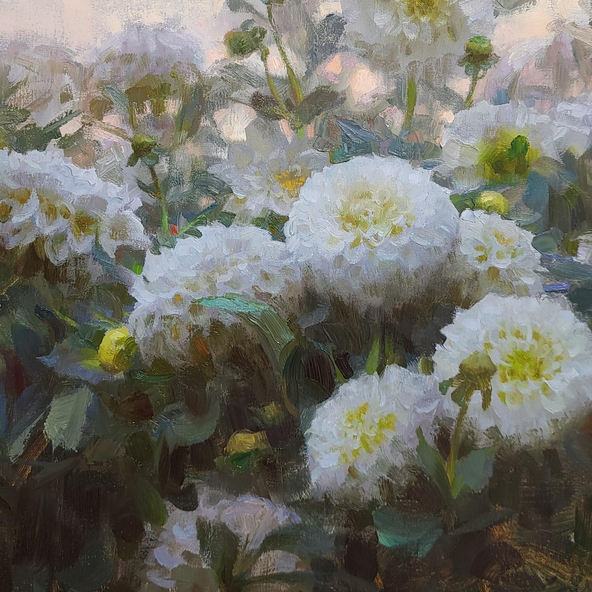 Daniel Keys Still-Life Painting - "White Dahlias, " Oil Painting