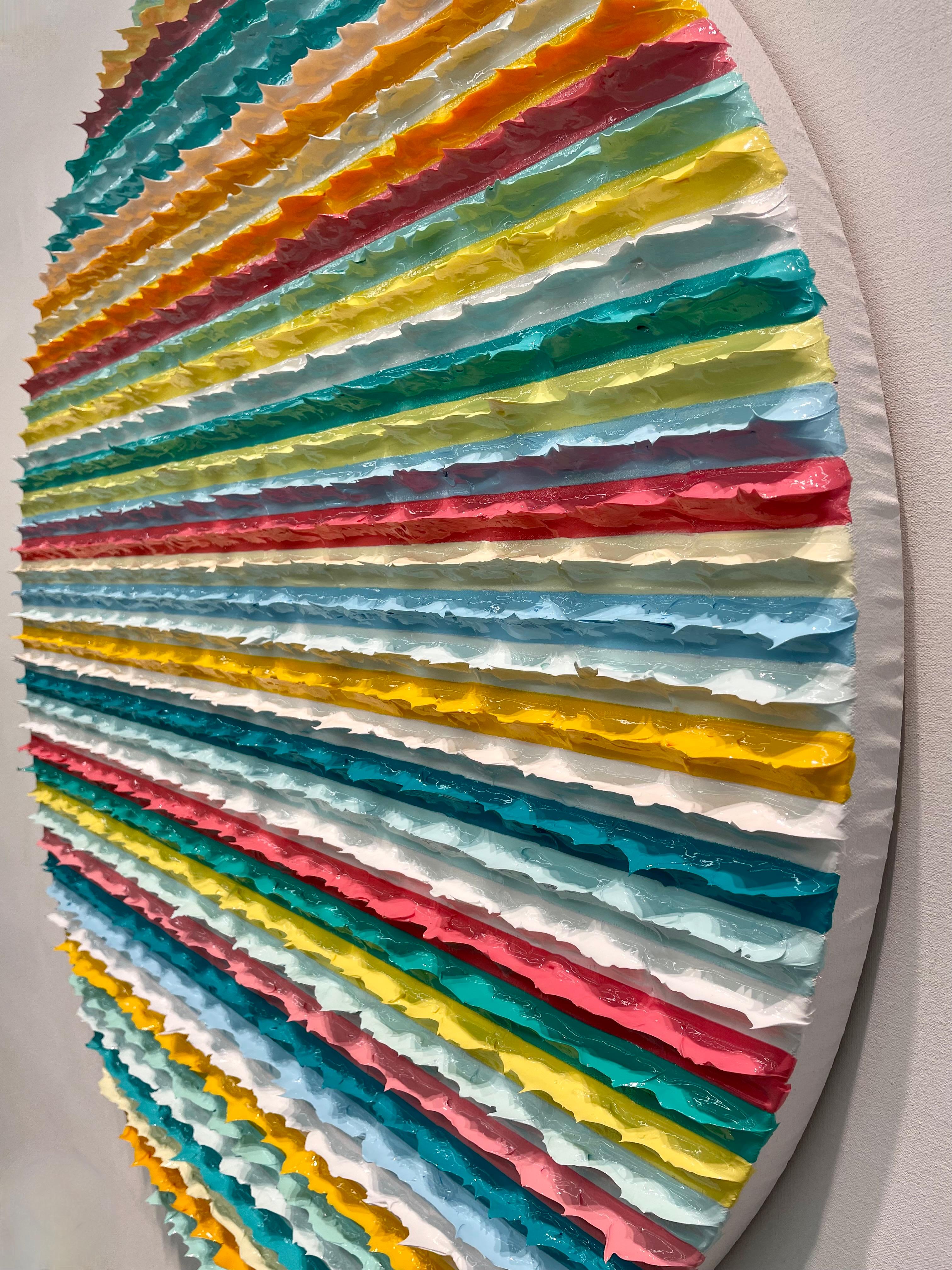 'Guava Kiwi Melon' è un eccellente esempio dei dipinti di Daniel Klewer, provenienti dalla sua serie 'Linear Tactility'. I dipinti di questa serie condividono tutti una composizione coerente, suddivisa in modo lineare, con indagini sulla risonanza