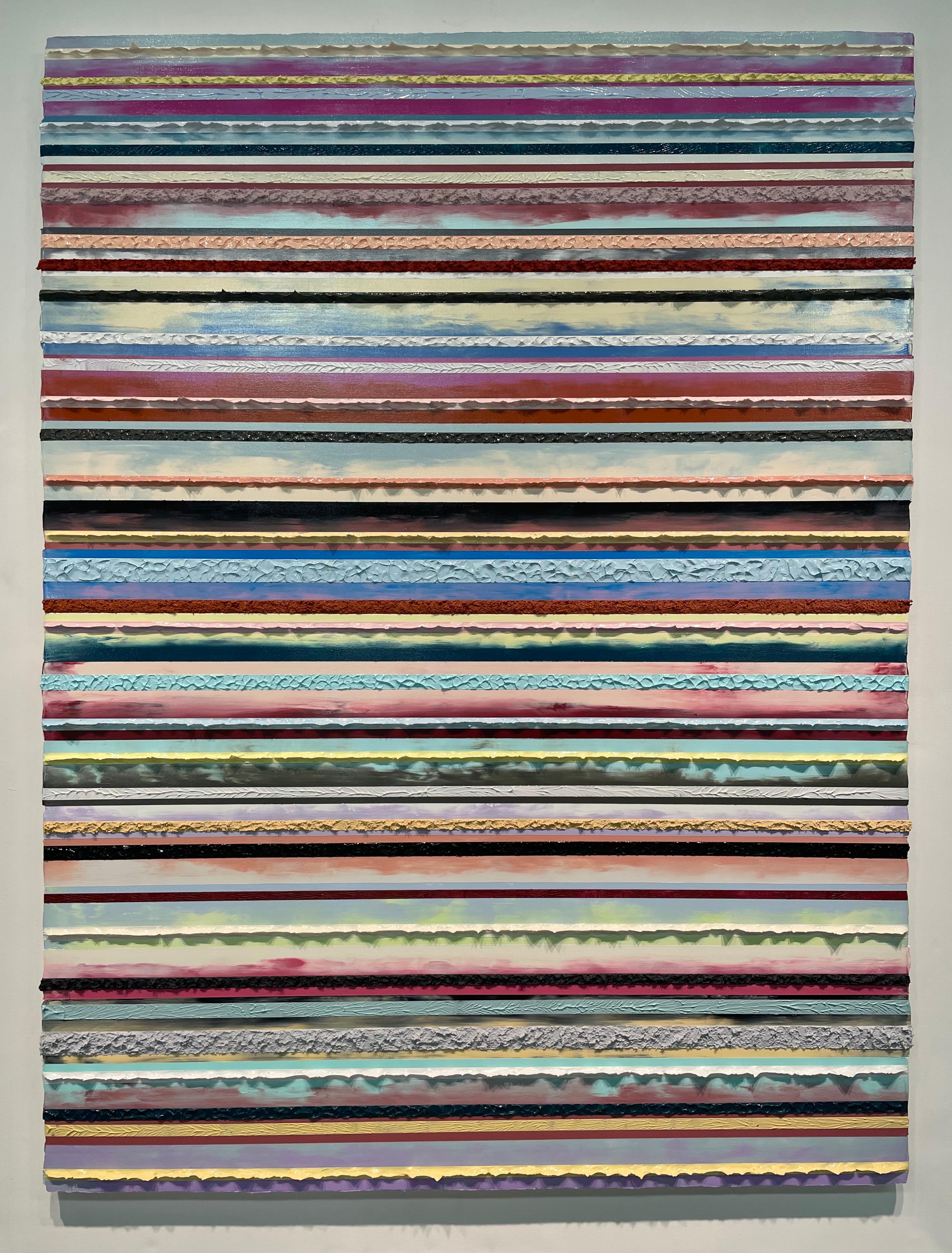 'Maple Peach Beat' is an excellent example of the paintings of Daniel Klewer, coming from his series 'Linear Tactility.' The paintings in this series all share a consistent, linearly divided composition with investigations into the visual and
