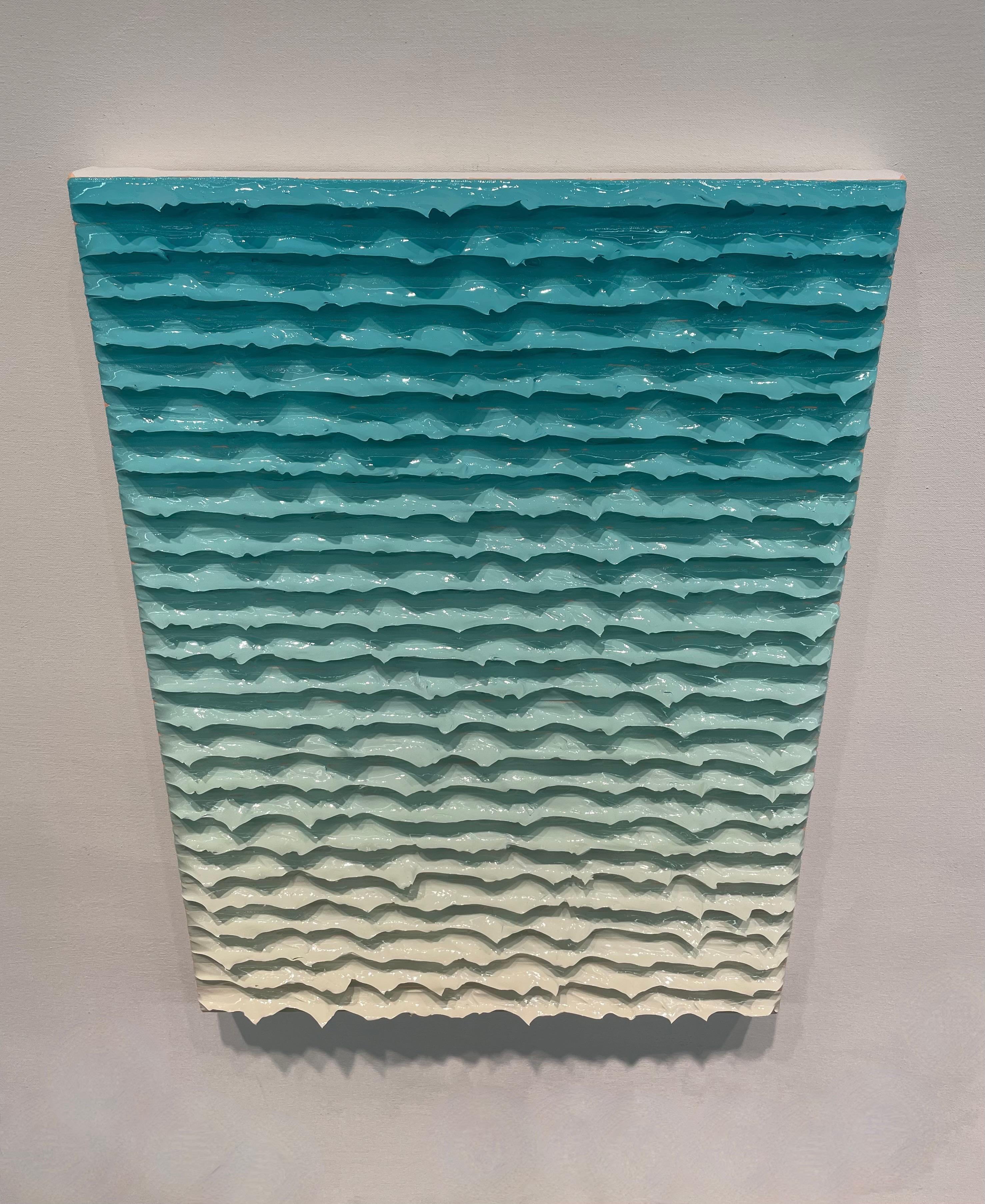 Quadro astratto con sfumature dall'azzurro al verde acqua e al bianco crema. Daniel Klewer fa sì che il suo mezzo si opponga alla gravità per creare un movimento e delle illusioni meravigliose nella sua arte. Il movimento di quest'opera sembra che