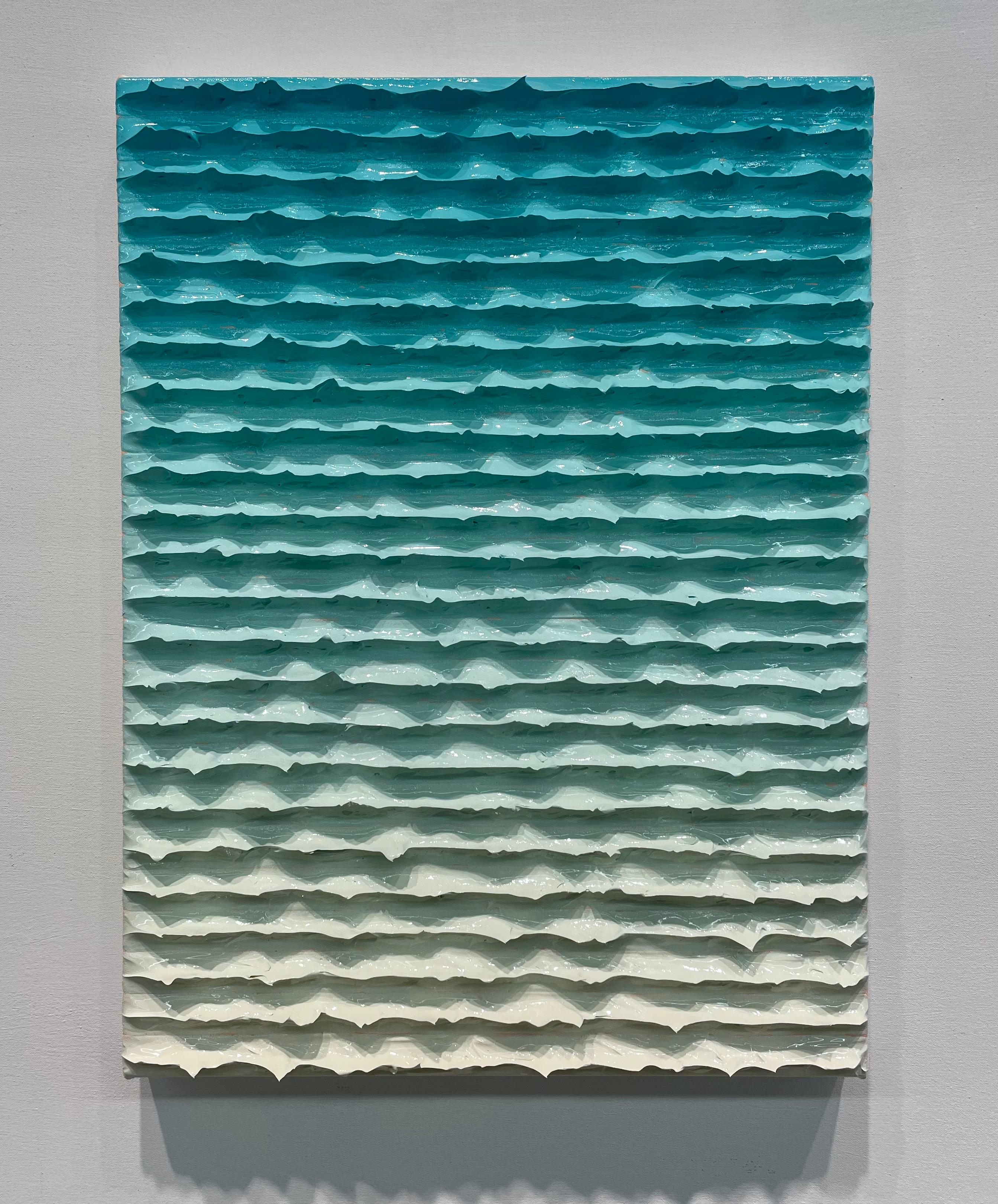 Light blue to teal to a creamy white gradient abstract painting. Daniel Klewer makes his medium stand out against gravity to create wonderful movement and illusions in his art. The motion that is brought to this piece looks as though a wave of water