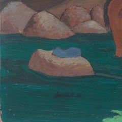 'Women Doing Laundry' Large Post-Impressionist Oil, South Pacific Landscape