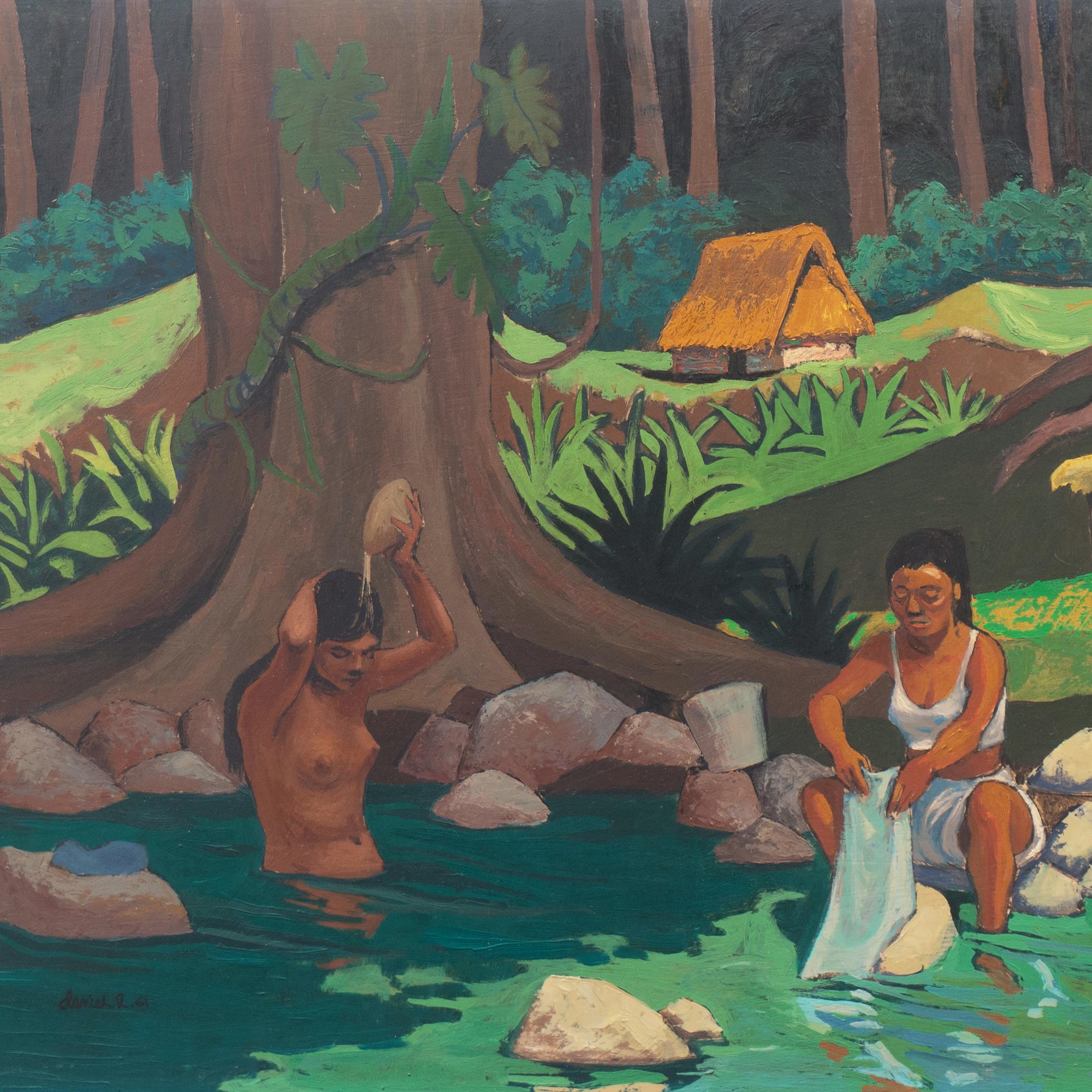 'Women Doing Laundry' Large Post-Impressionist Oil, South Pacific Landscape - Brown Landscape Painting by Daniel L.