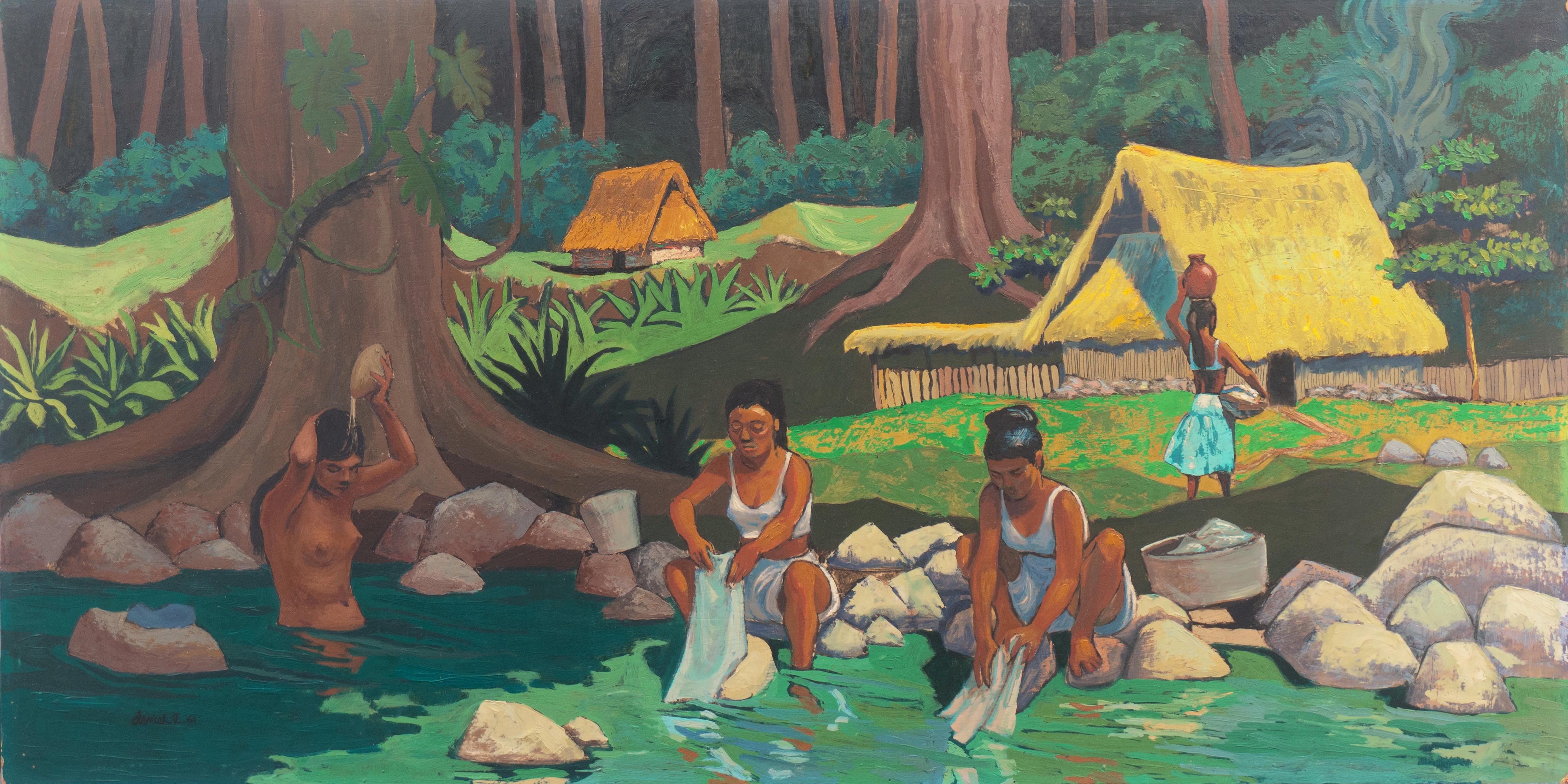 Daniel L. Landscape Painting - 'Women Doing Laundry' Large Post-Impressionist Oil, South Pacific Landscape