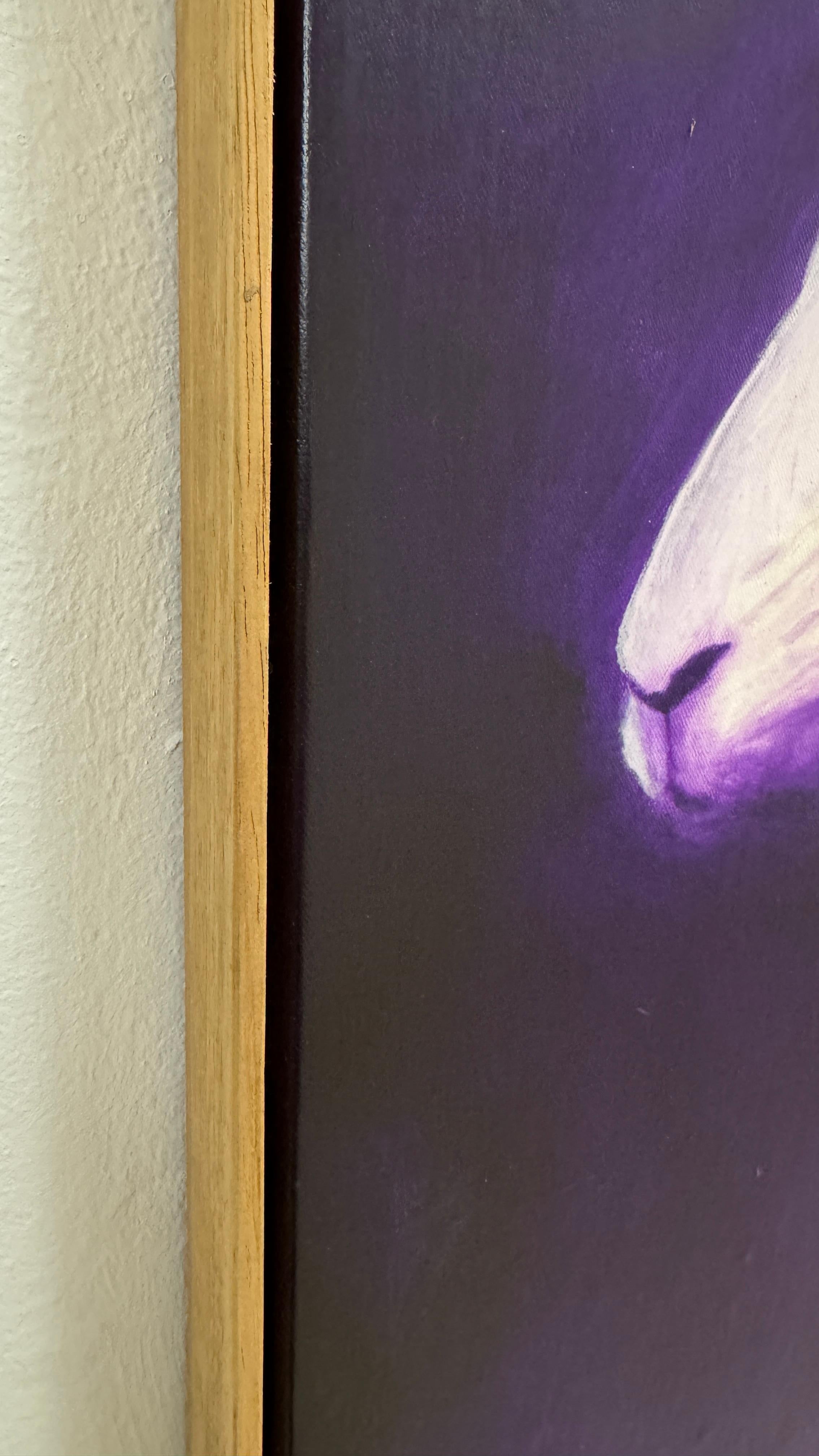 The piece presents a hybrid being that combines the elegance of a rabbit with the visual characteristics of a zebra. This hybridization symbolizes nature’s creative impulse applied to life. The fantastical, hairless creature sits with solemn calm