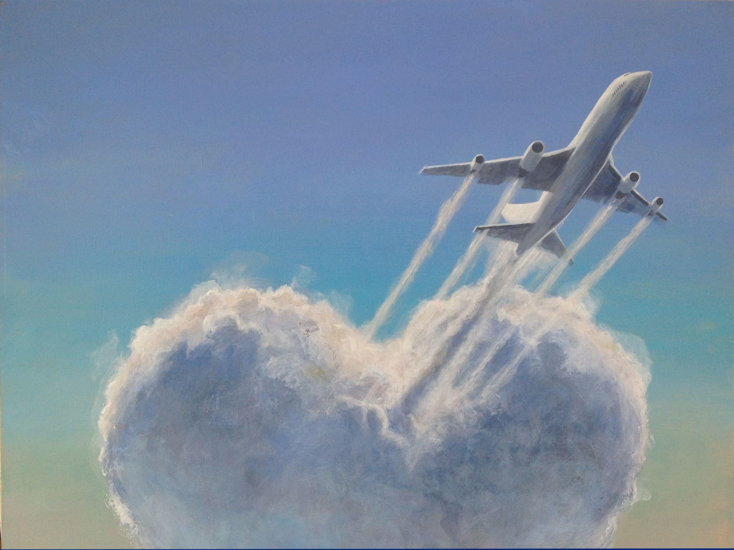 A jet zooms through the heart shaped cloud echoing the romantic image of a heart shot through by love. Soft pastel colours.    This painting is sold without a frame, see the photograph showing the back of a similar painting and how it will be hung.