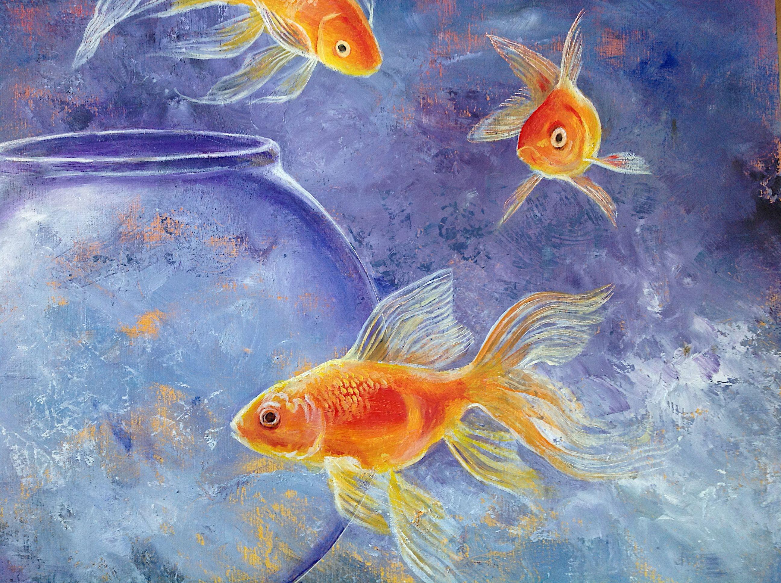 Goldfish XLII, Painting, Oil on MDF Panel For Sale 1