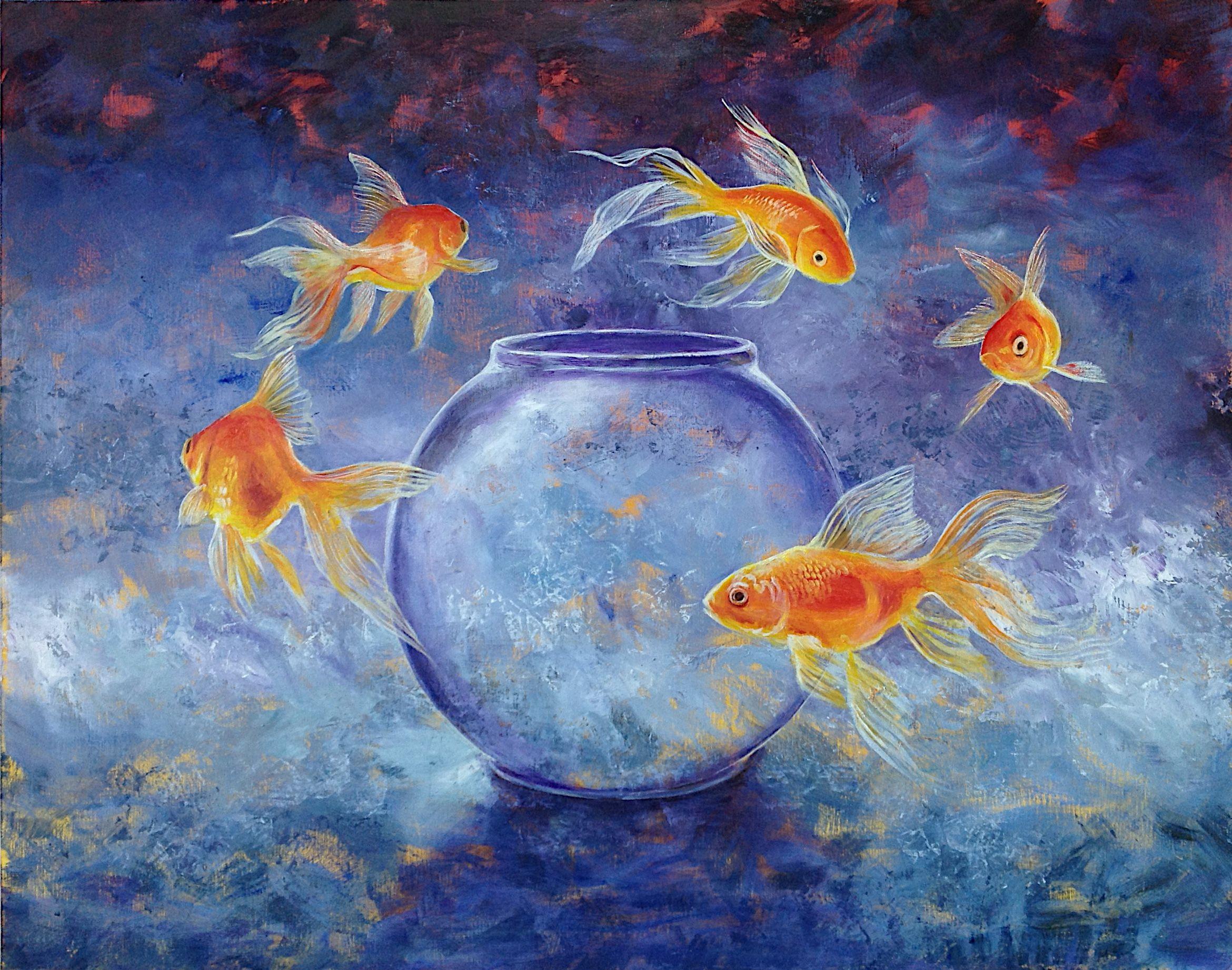 A further exploration of the Goldfish theme.  Painting onto a solid surface allows the colours to be more concentrated and richer. Here I've reversed the colours (except the eyes)    This painting is sold without a frame but please enquire if you