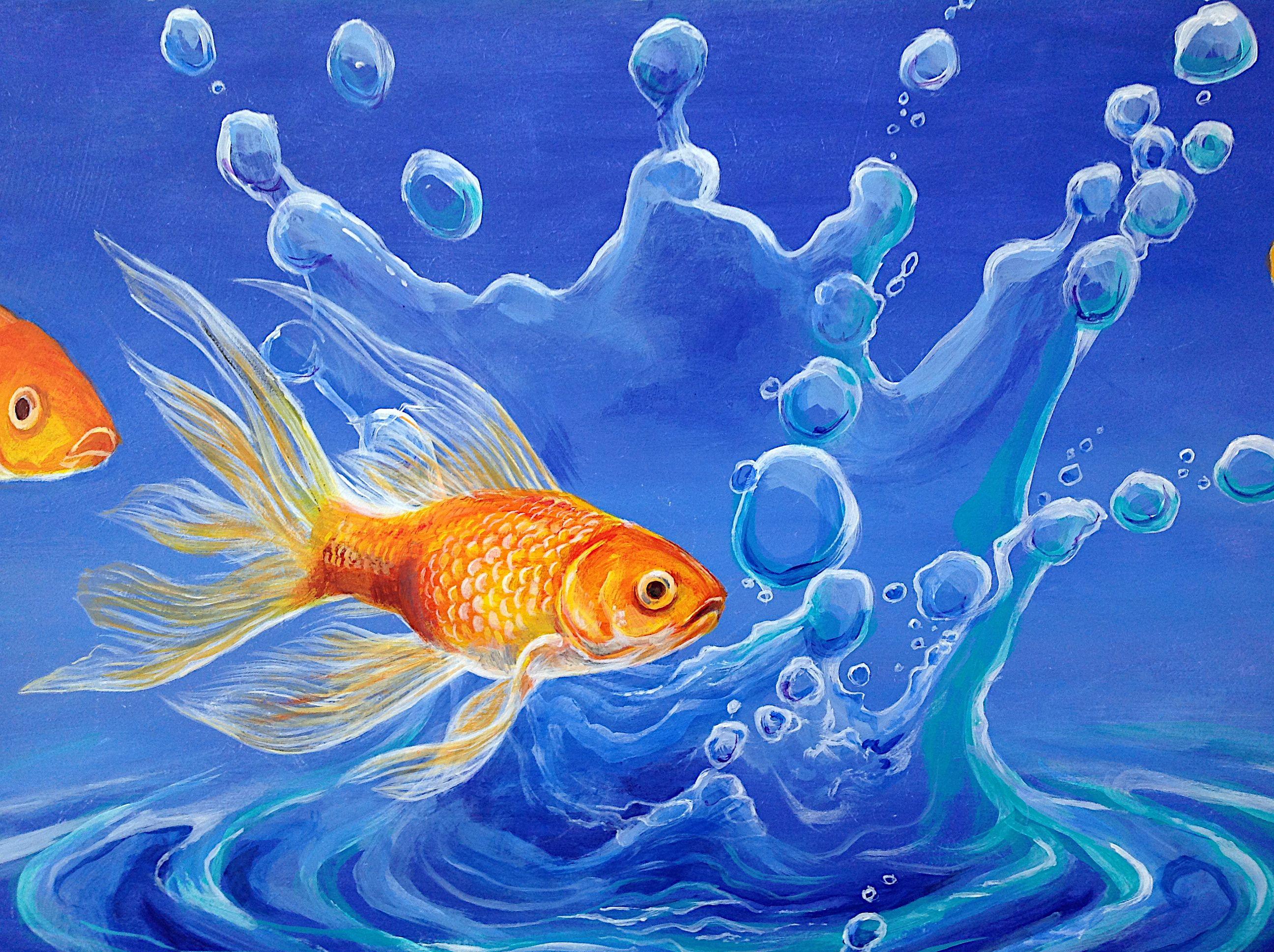 A further exploration of the Goldfish theme. This time the goldfish bowl has become a free moving splash of water. I'm also exploring a pop art approach of vibrant colours.    This painting is sold with a frame but please enquire if you don't wish