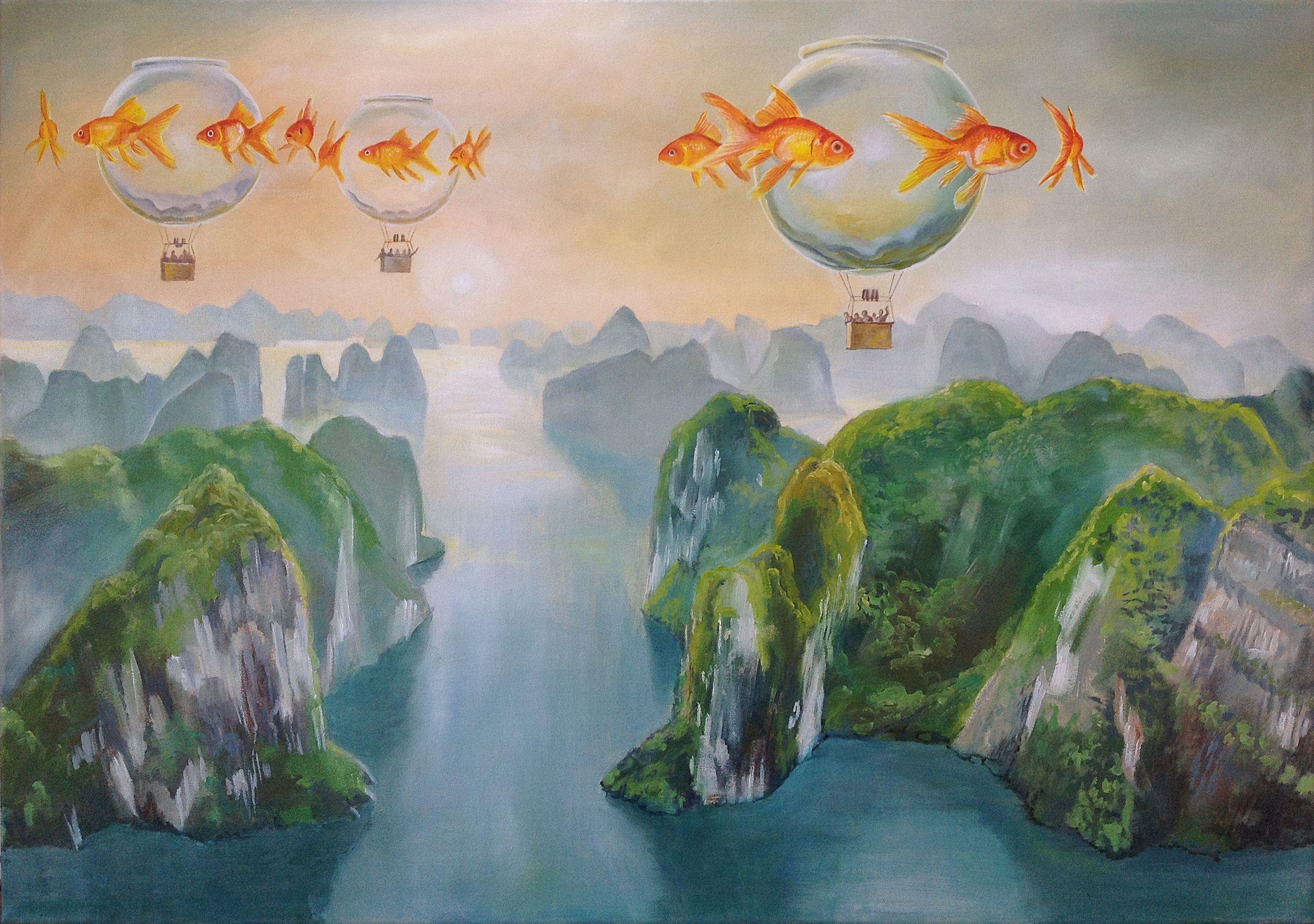 A continuation of my Goldfish paintings. Here two surreal balloons float over a mountainous landscape, I've tried to capture lightness and air in the atmosphere.  The Goldfish bowl always symbolises a fragile ecosystem in my personal iconography.   
