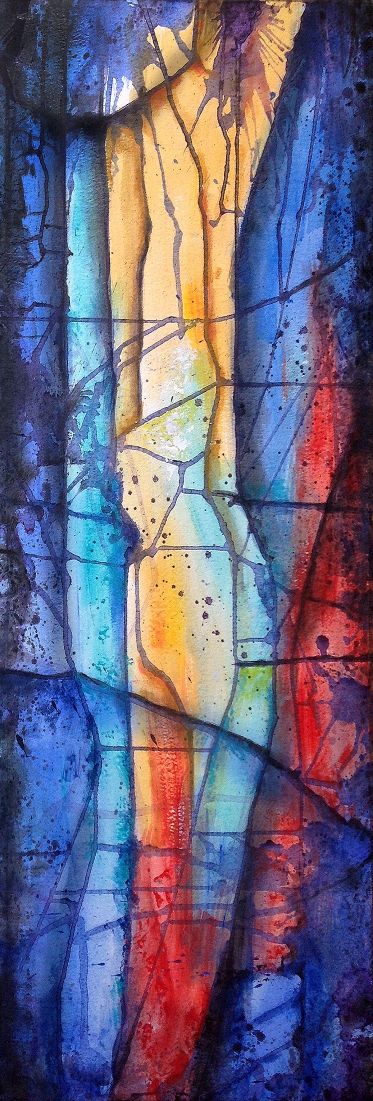 I'm inspired by stain glass windows and by the rock formations in our local Dartmoor tors. Being on Dartmoor is like a spiritual experience.    Layers of glazed acrylic. Painted on 250lb Bockingford watercolour paper.     This painting is sold with