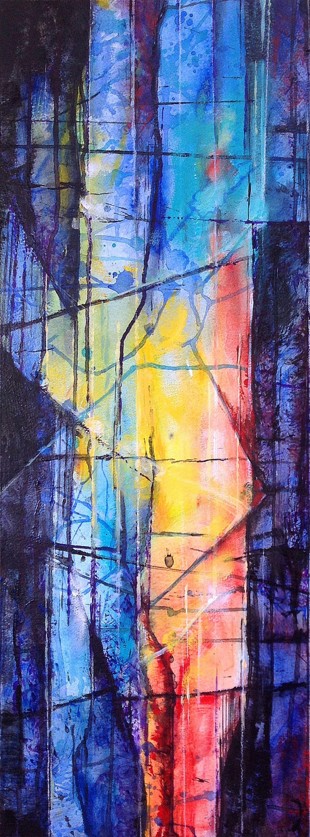 I'm inspired by stain glass windows and by the rock formations in our local Dartmoor tors. Being on Dartmoor is like a spiritual experience.    Layers of glazed acrylic.    Painted on 250lb Bockingford watercolour paper. This painting is sold with a