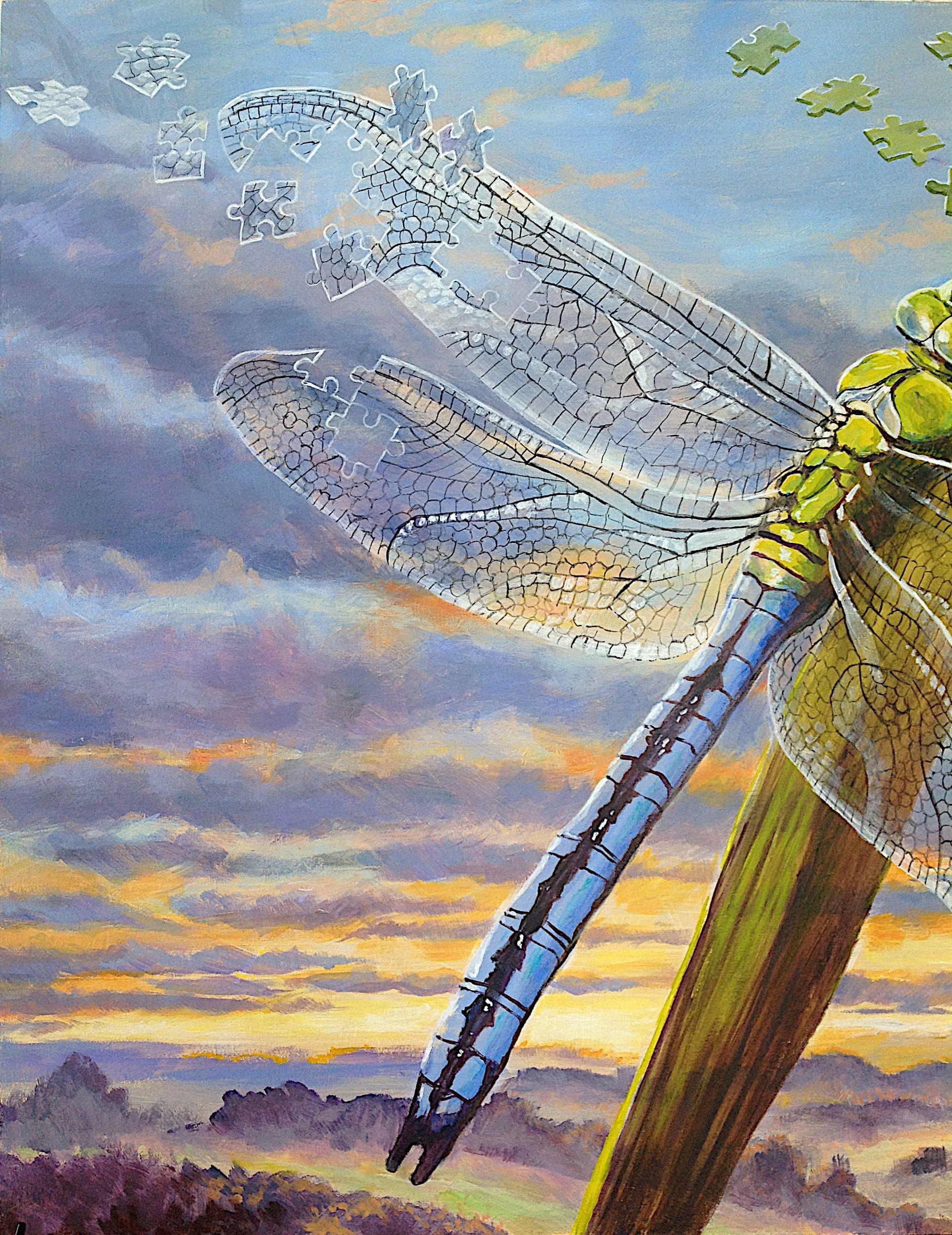 Like the previous butterfly paintings the dragonfly is painted as though it were a living jigsaw which is disintegrating into the wind. The dragonfly symbolises life on earth, complex pieces of a puzzle created by nature that fit together