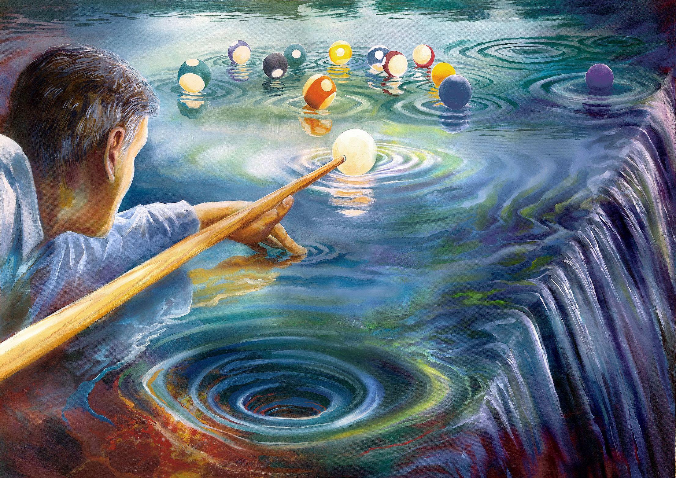 This is purely a surreal painting, without the symbolism that is often the case in my work, but purely surreal images of beauty and calm straight from the subconscious. The water reflects the colours of a pool table and the edge of the table is