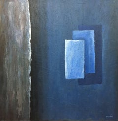 geometric composition in blue original abstract amixed media painting