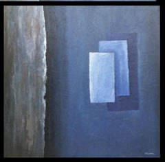 geometric composition in blue original abstract amixed media painting