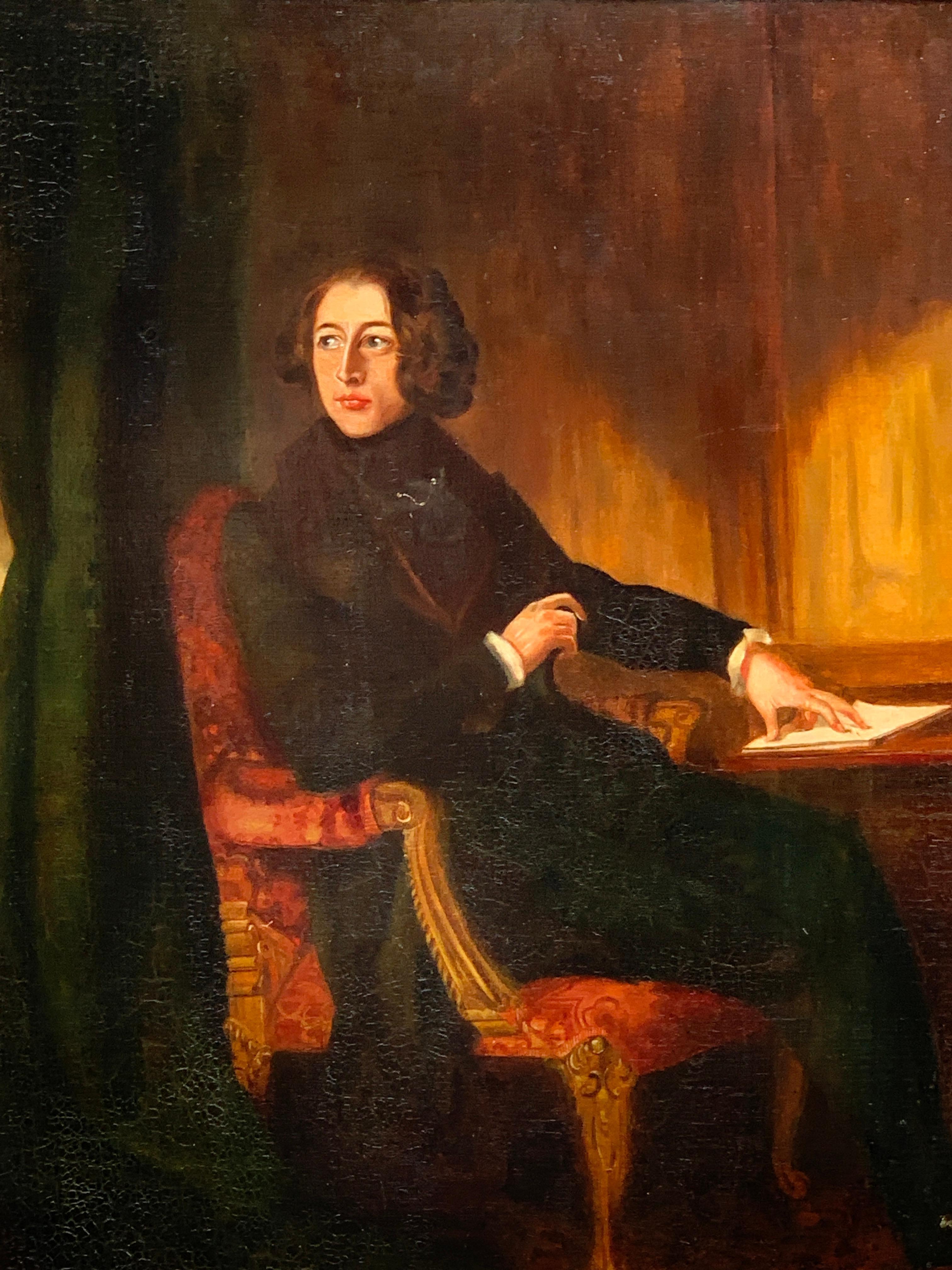 19th century British portrait of Sir Charles Dickens seated in an interior - Painting by Daniel Maclise