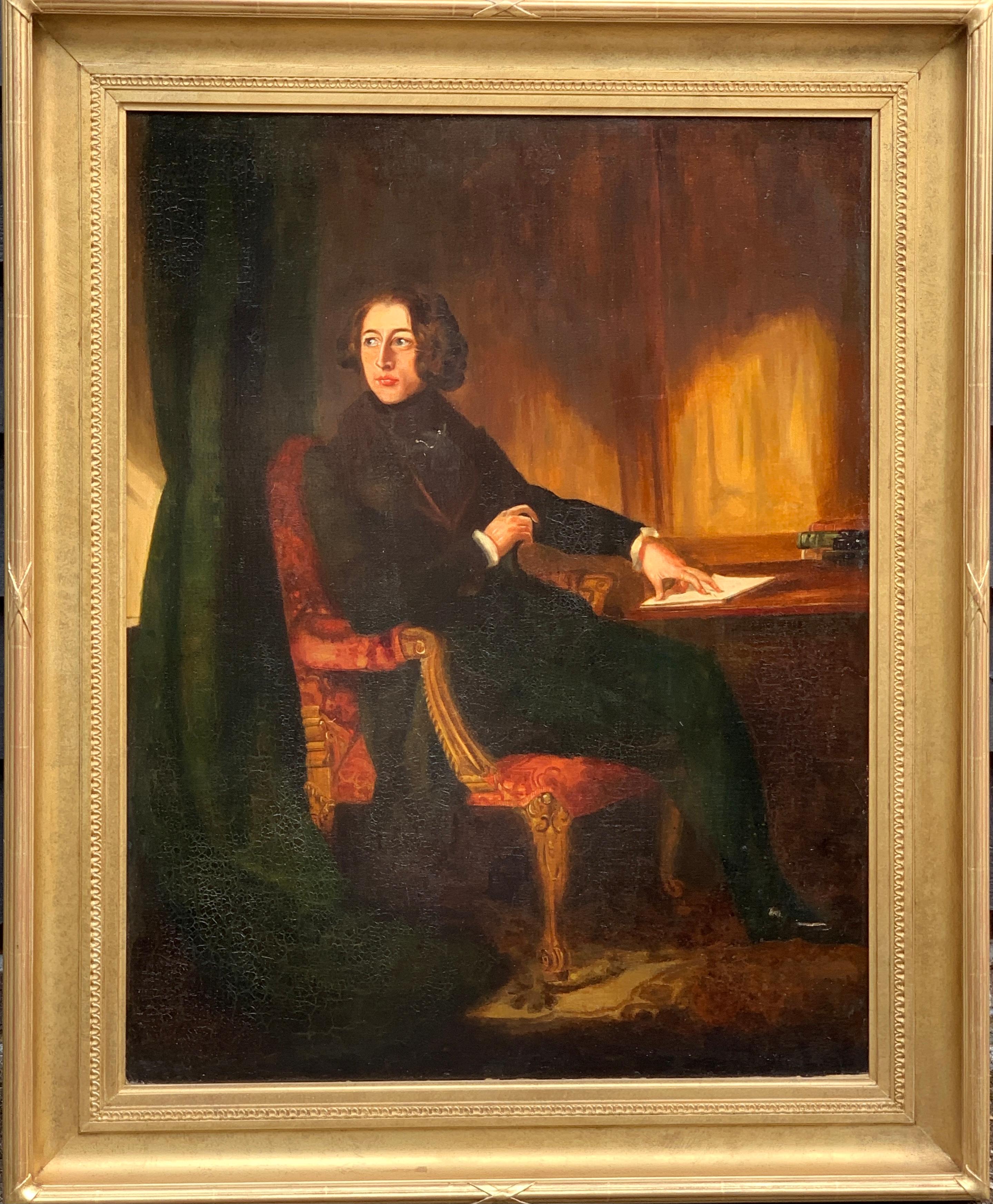 19th century British portrait of Sir Charles Dickens seated in an interior