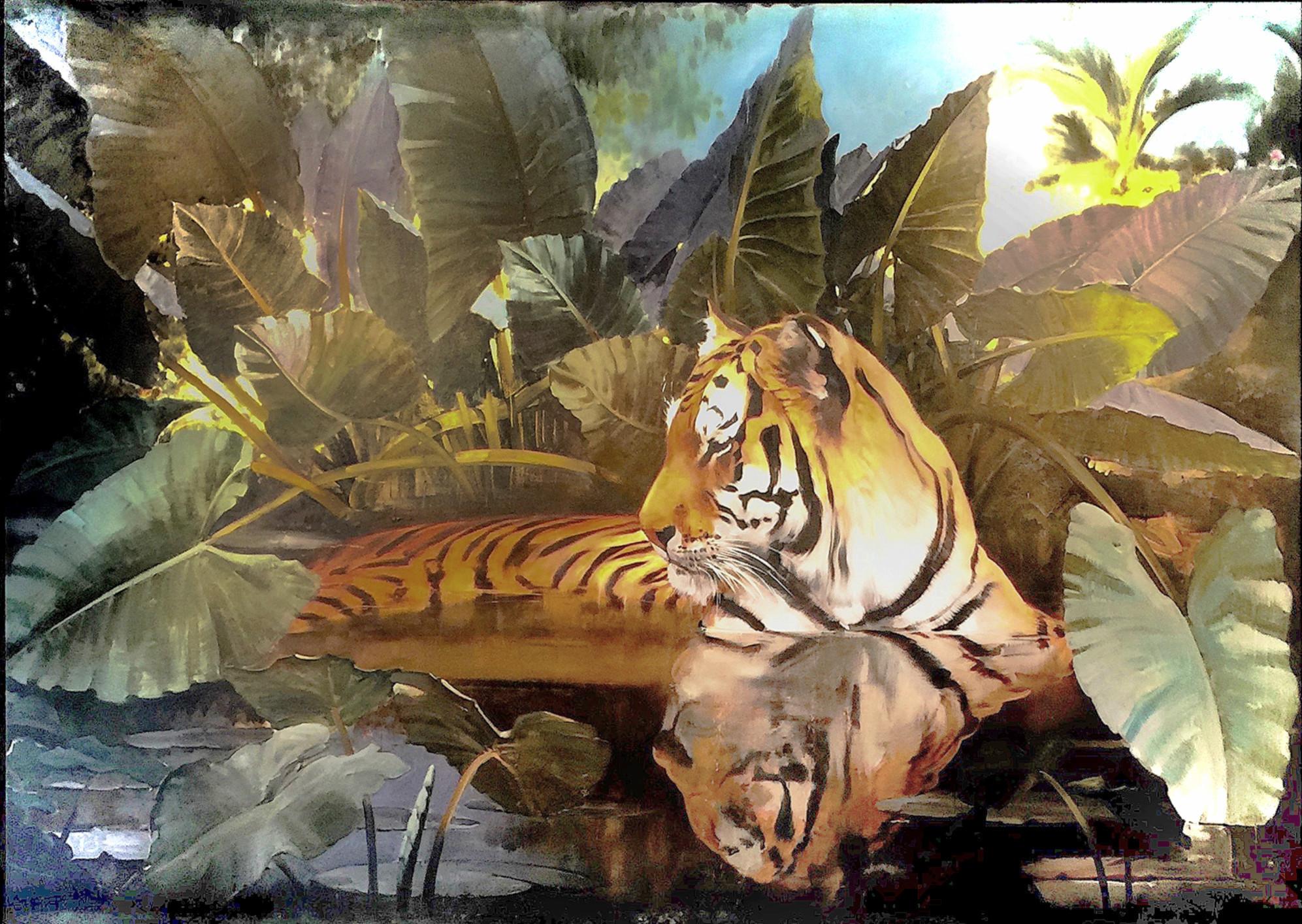 Daniel Maffia Animal Painting - Bengal Tiger in Marsh - Original oil on canvas - 78 x 113 in.