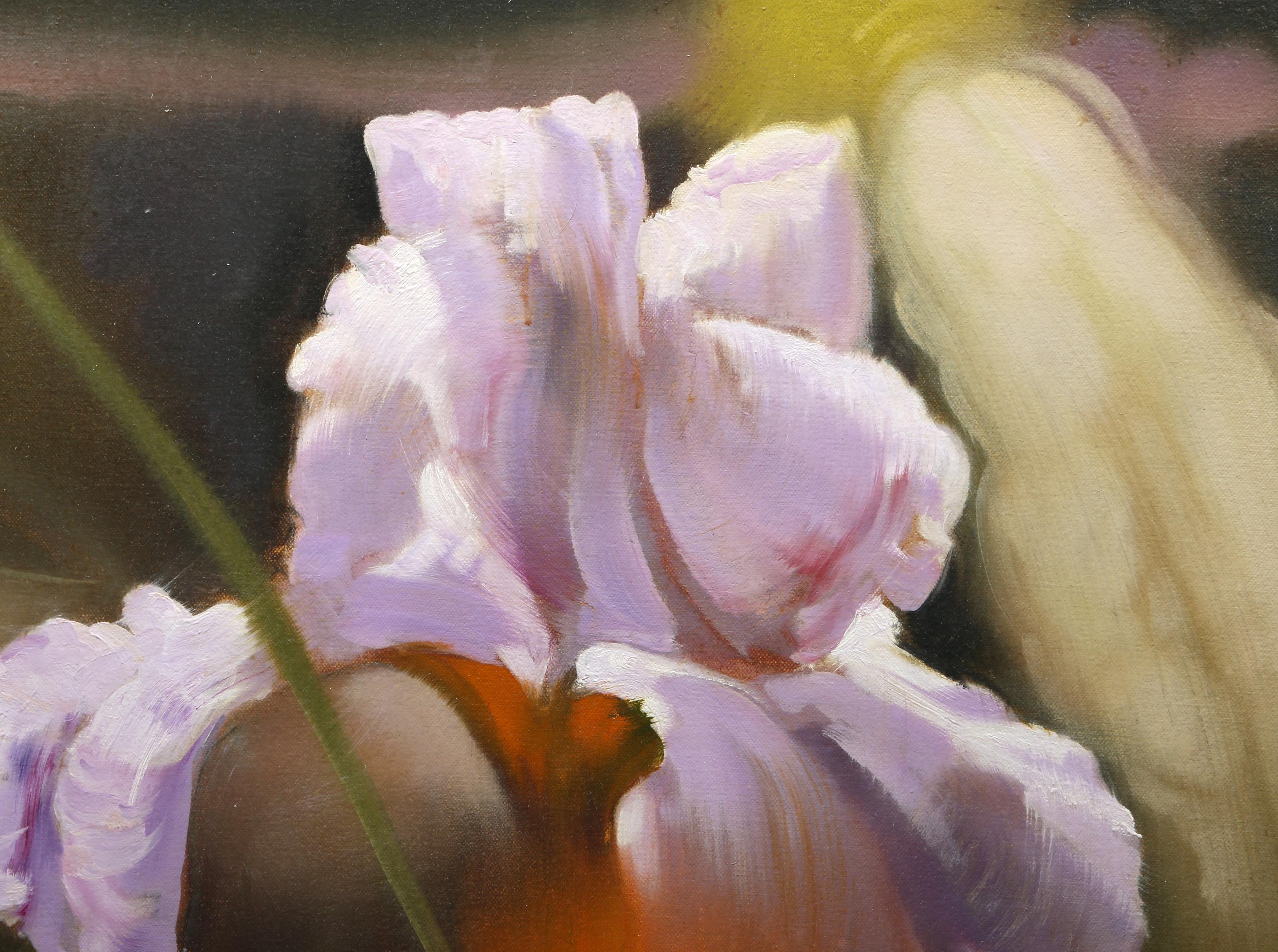 Pink Iris, Modern Oil Painting by Daniel Maffia For Sale 1